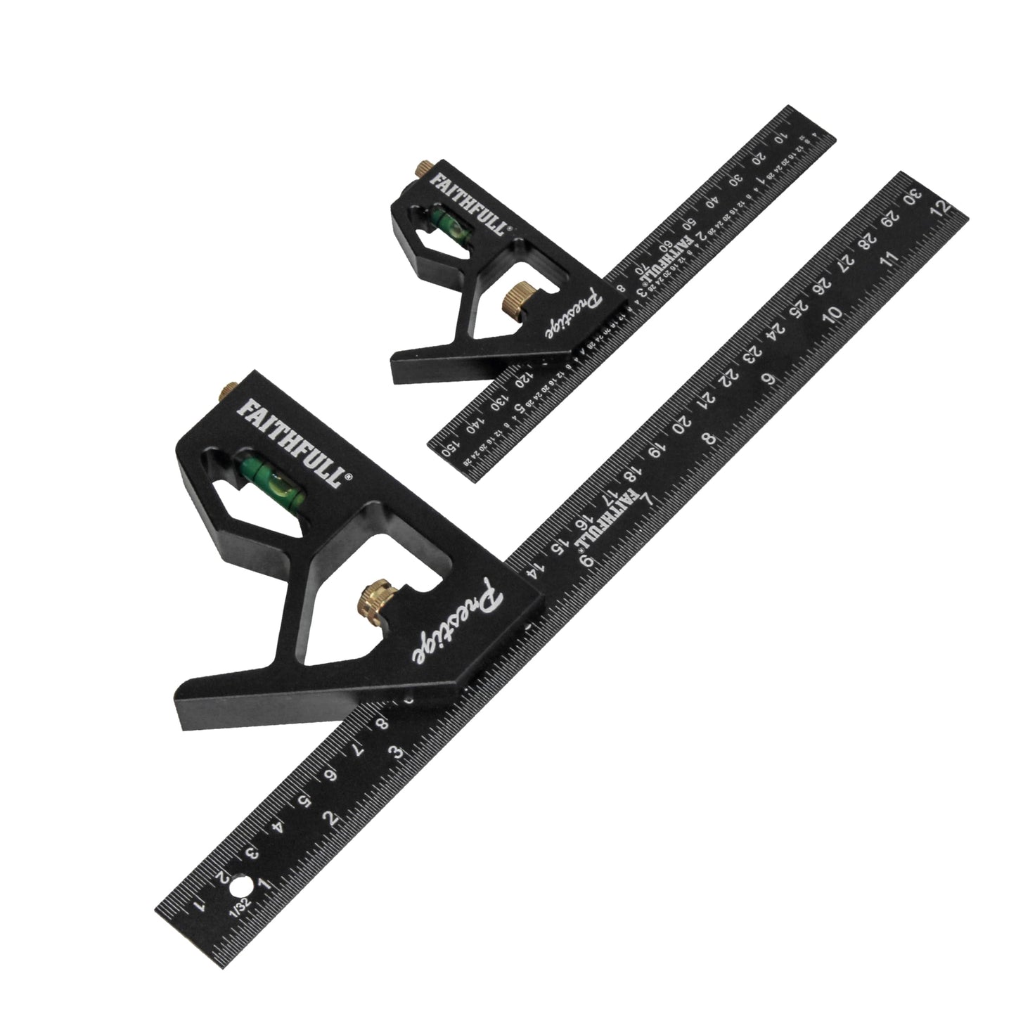 Faithfull Prestige Combination Square Twin Pack Black Aluminium 150mm (6in) & 300mm (12in) ? Multi-Function Measuring & Layout Tools with Spirit Level