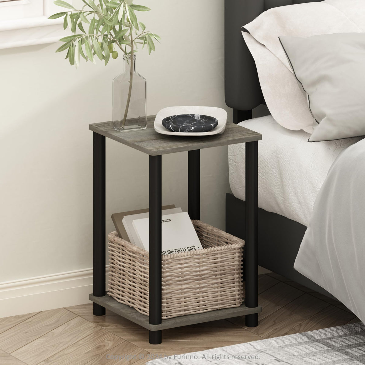 Furinno TURN-N-TUBE Night Stand, 2-Tier Open Shelf Design Nightstand, Toolless Bedside Table, End Table, Side Table, for Bedroom, Living Room