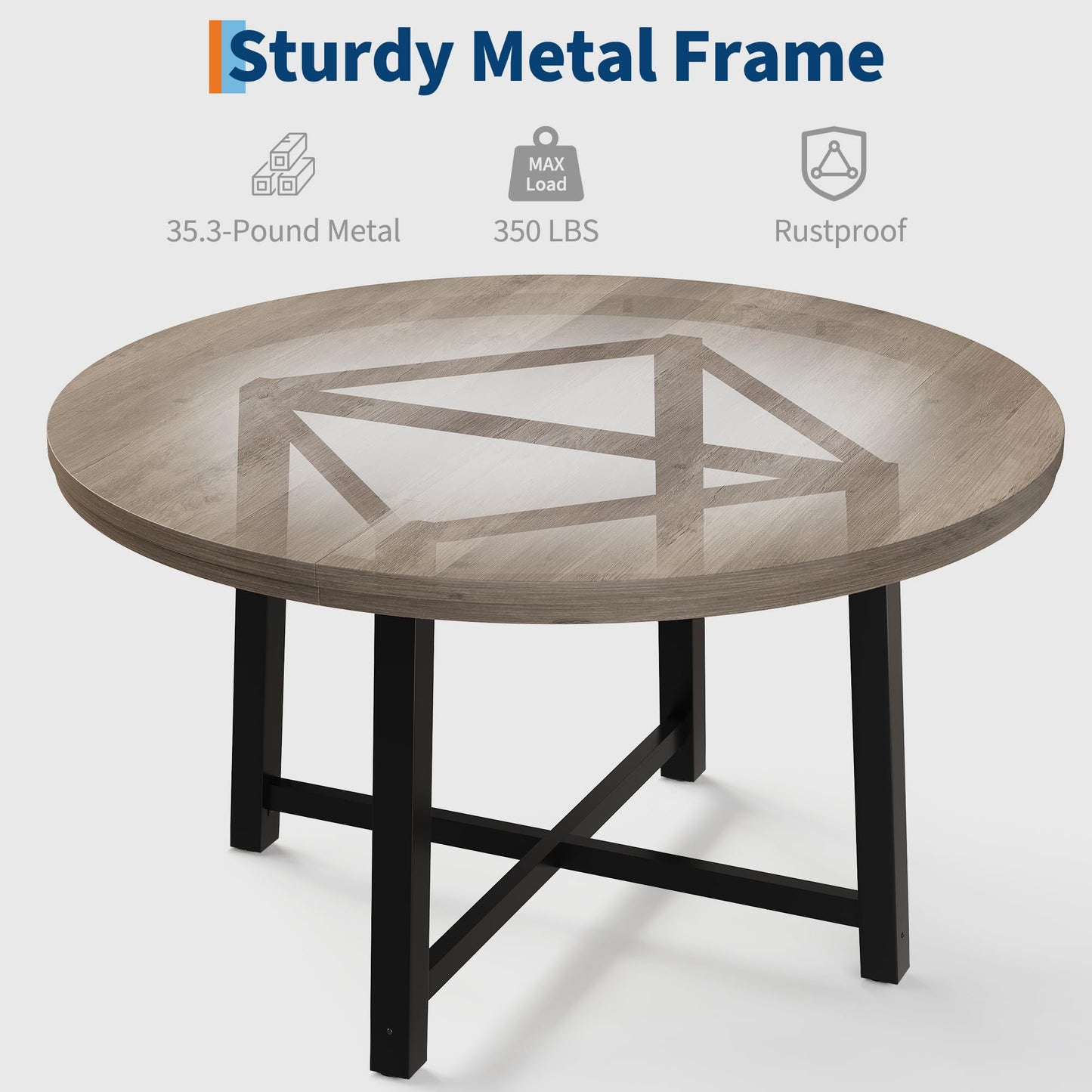 47 in Round Dining Table, Industrial Dinner Table for 4 to 6, Wooden Kitchen Table with Sturdy Metal Frame & Rustic Light Oak Finish
