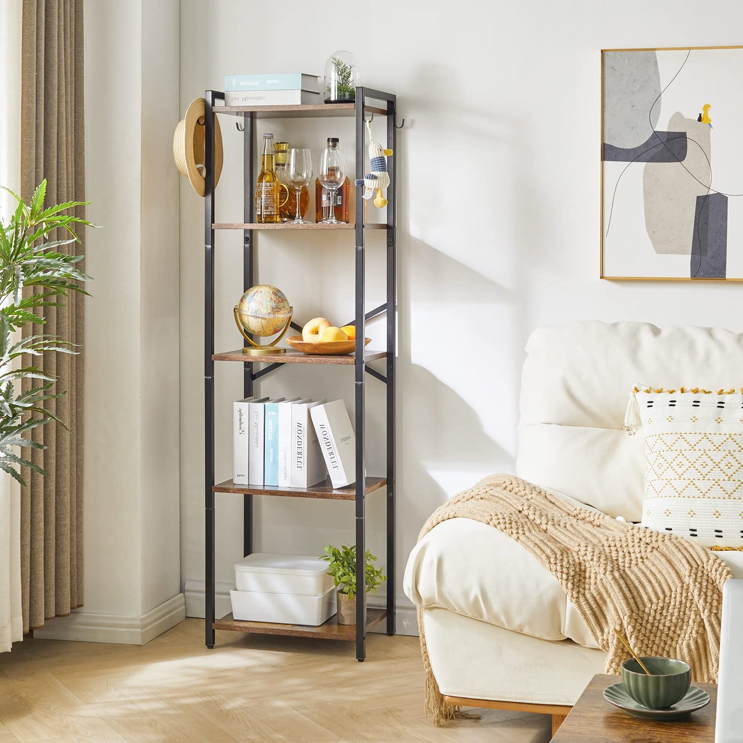 YMYNY Bookshelf,5 Tier Storage Rack, Plant Rack, Storage Rack with Steel Frame,for Living Room, Office, Study, Hallway, Industrial Style, Rustic Brown