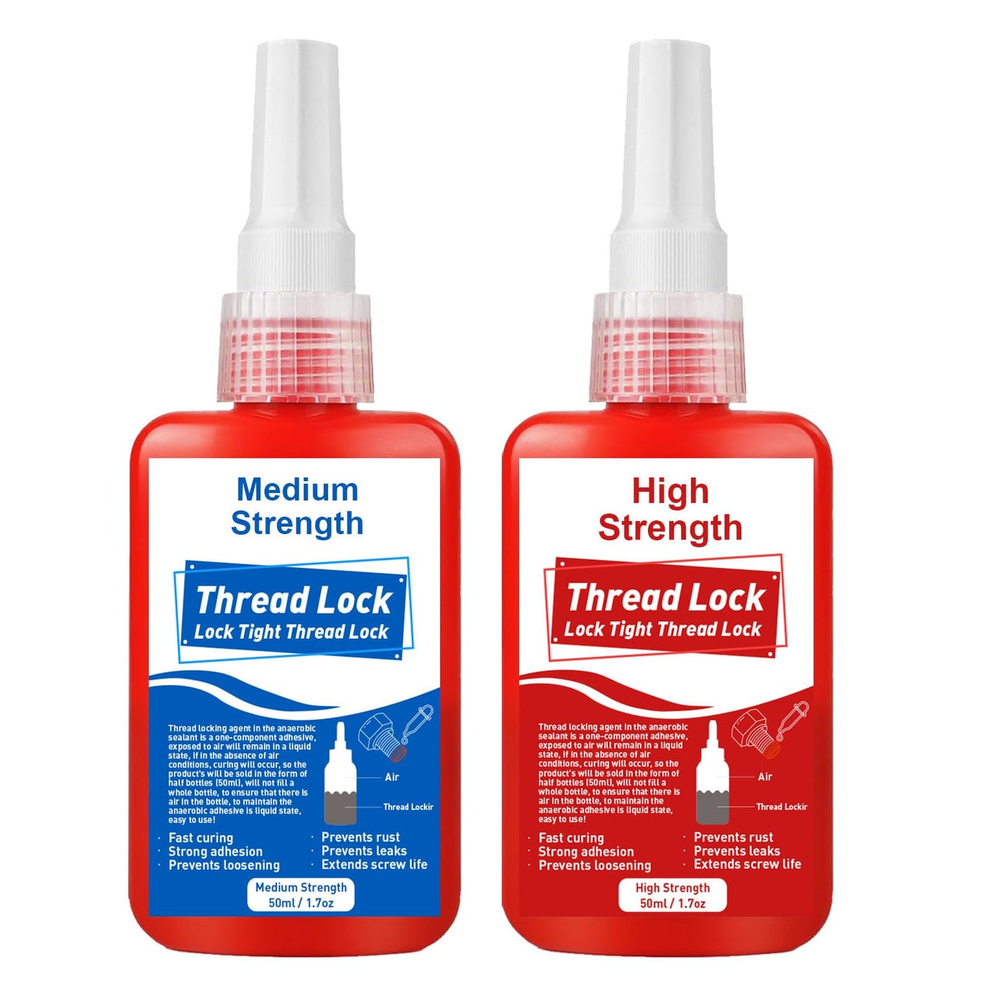 Thread Lock High Strength+Medium Strength, 100ml Locktight Threadlock Prevent Nuts, Bolts, Fasteners and Screws from Loosening Due to Prolonged