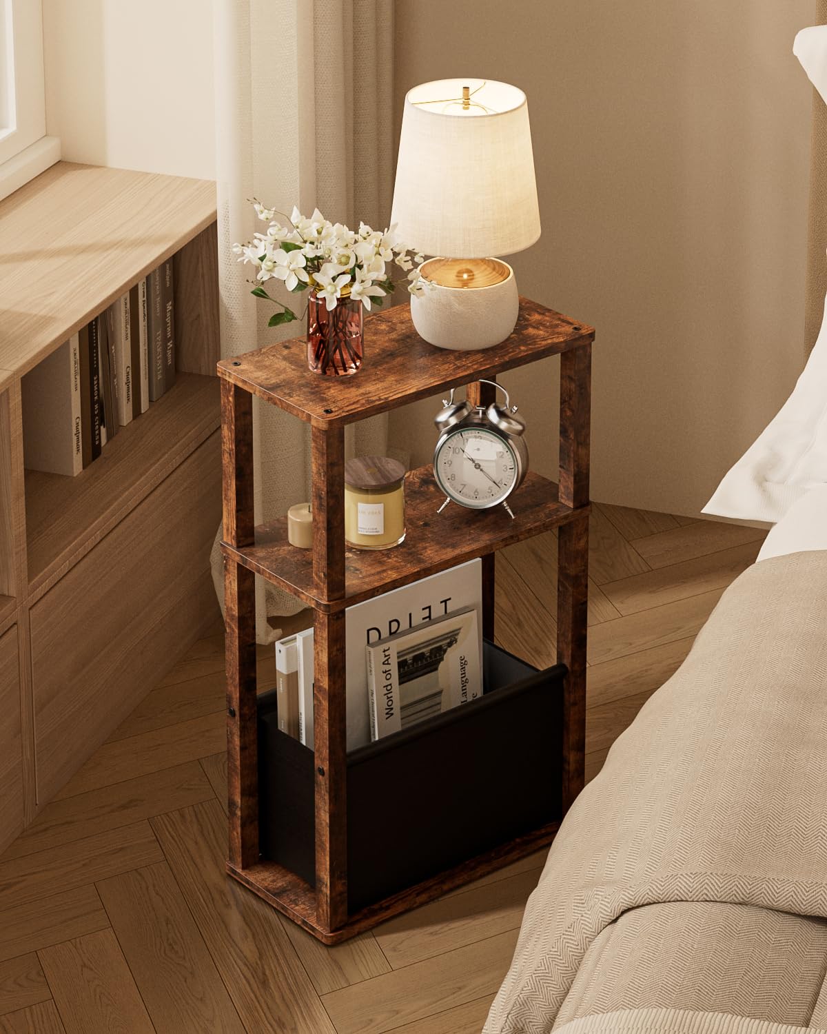 Apetaccat Narrow Side Table for Small Spaces, Slim End Table with Storage Basket, Small Bedside Table for Bedroom