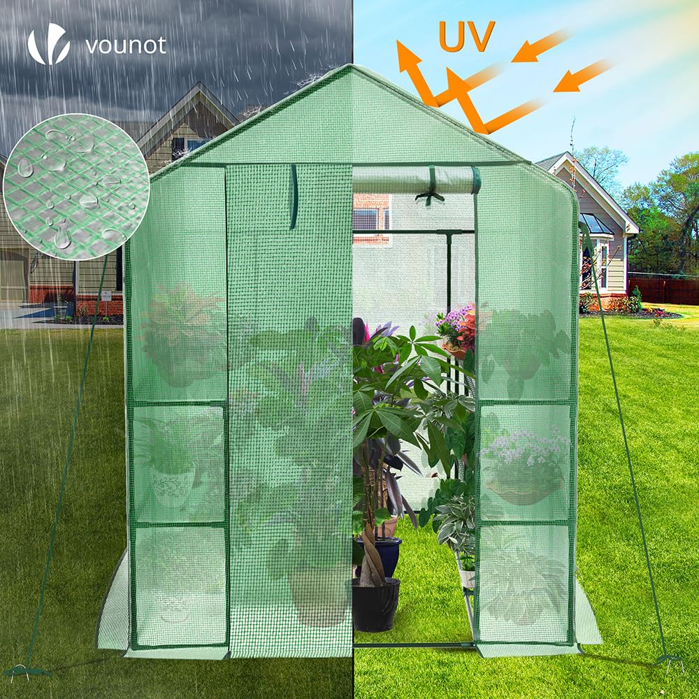 VOUNOT? Walk In Greenhouse with Shelves, Portable Plastic Green House for Garden & Outside, Large Growhouse, Green 143x215x195cm