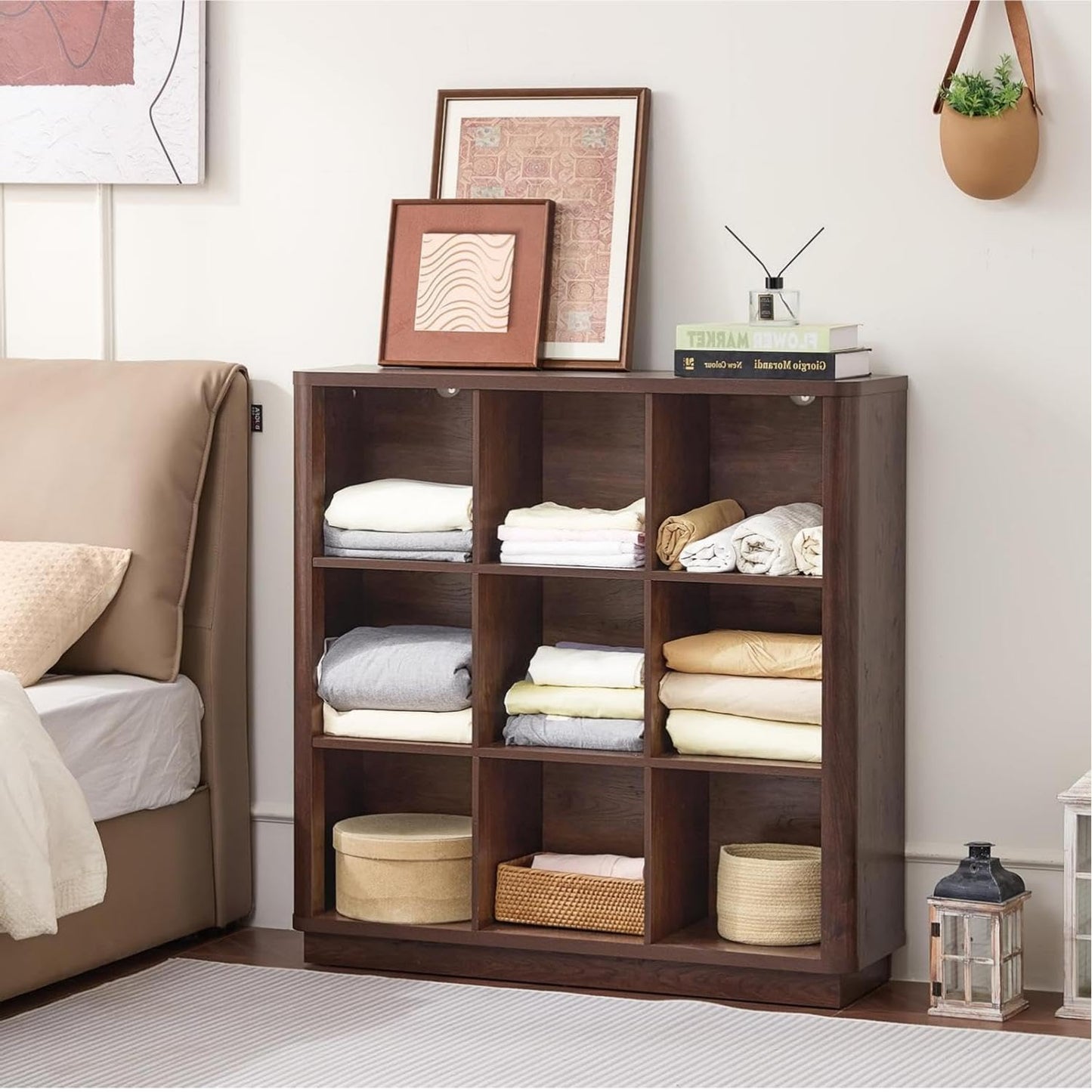 LELELINKY 9 Cube Storage Bookcase, 41" Wide Wooden Book Shelf with Thickened Base, Freestanding 3-Tier Open Book Case Unit with Curved Edge
