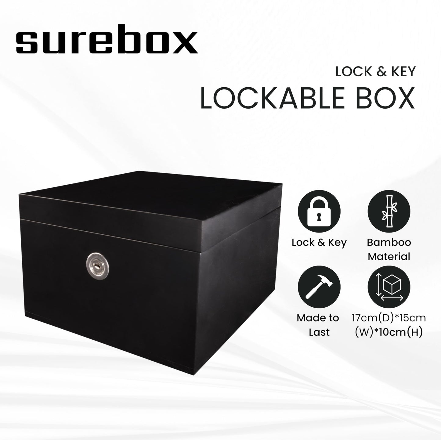 surebox Small Bamboo Lock Box - Lock & Key, Secure Home Storage