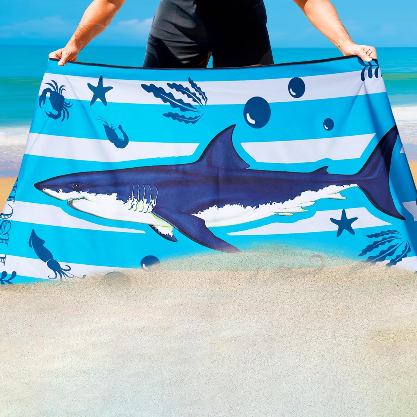 Violetpos Blue Stripe Great White Shark Beach Towel, Extra Large 180x90 cm 250GSM Microfibre, Sand Free Quick Dry