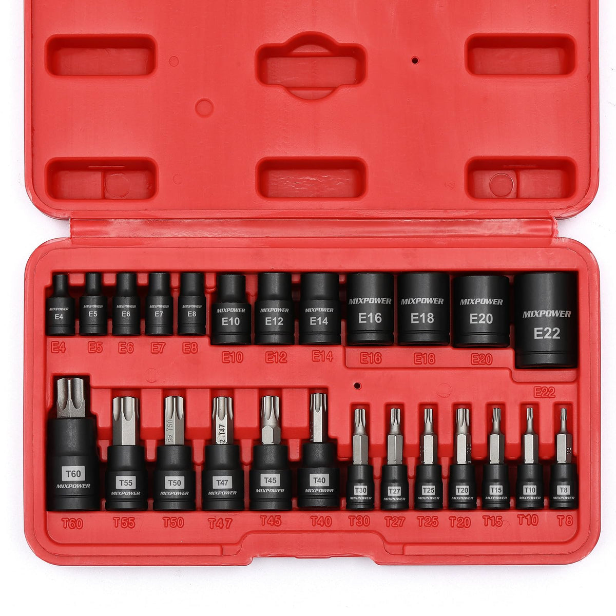 MIXPOWER 25-Piece Torx Bit and Female External Socket Set, 13 Star Bits (T8- T60) & 12 Female E-Torx (E4-E22), Professional Grade Auto & Motorcycle
