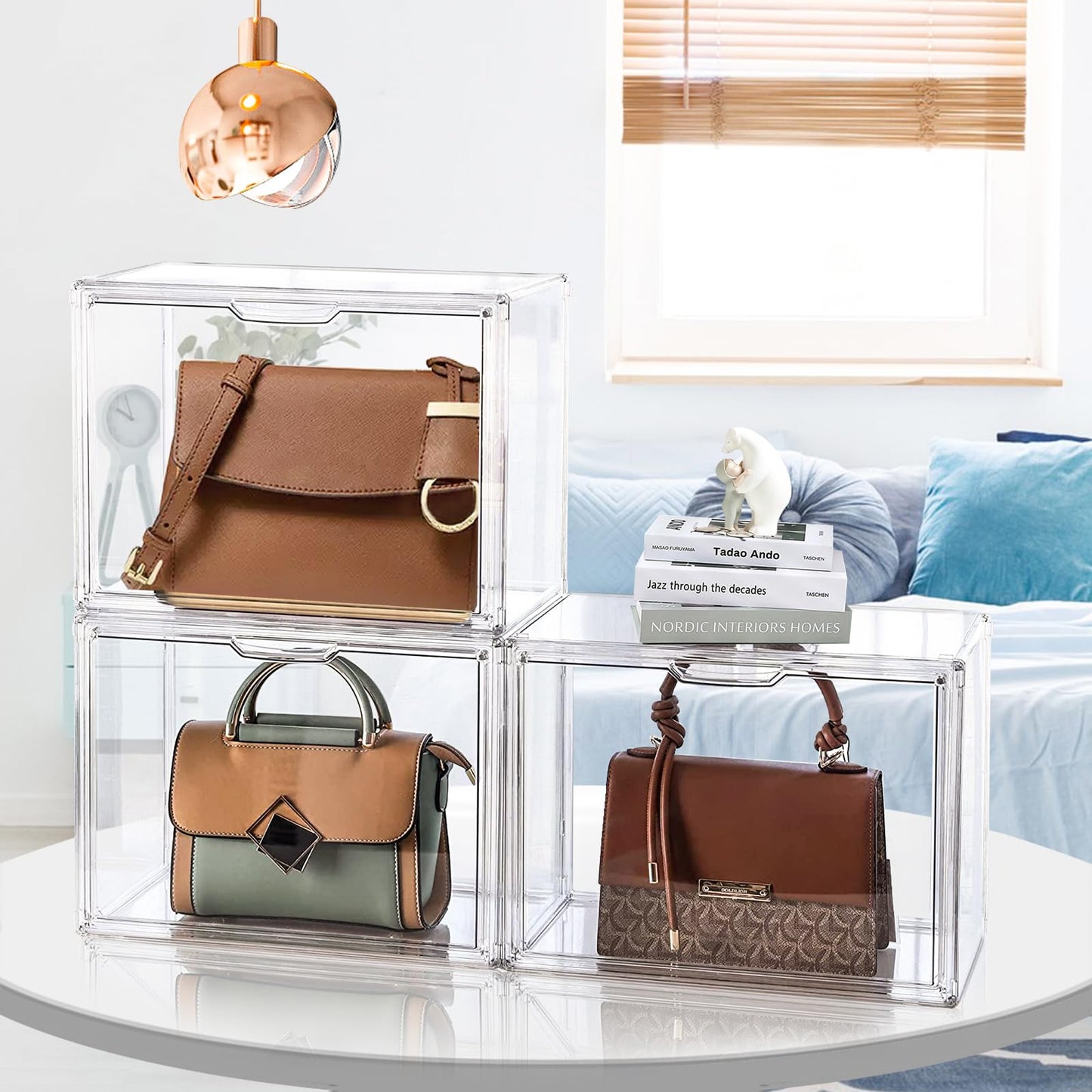 LINYAPRY 4 Packs Clear Plastic Handbag Storage Organizer for Closet, Acrylic Display Box for Handbag, Stackable Storage Boxes Bag Organizer with