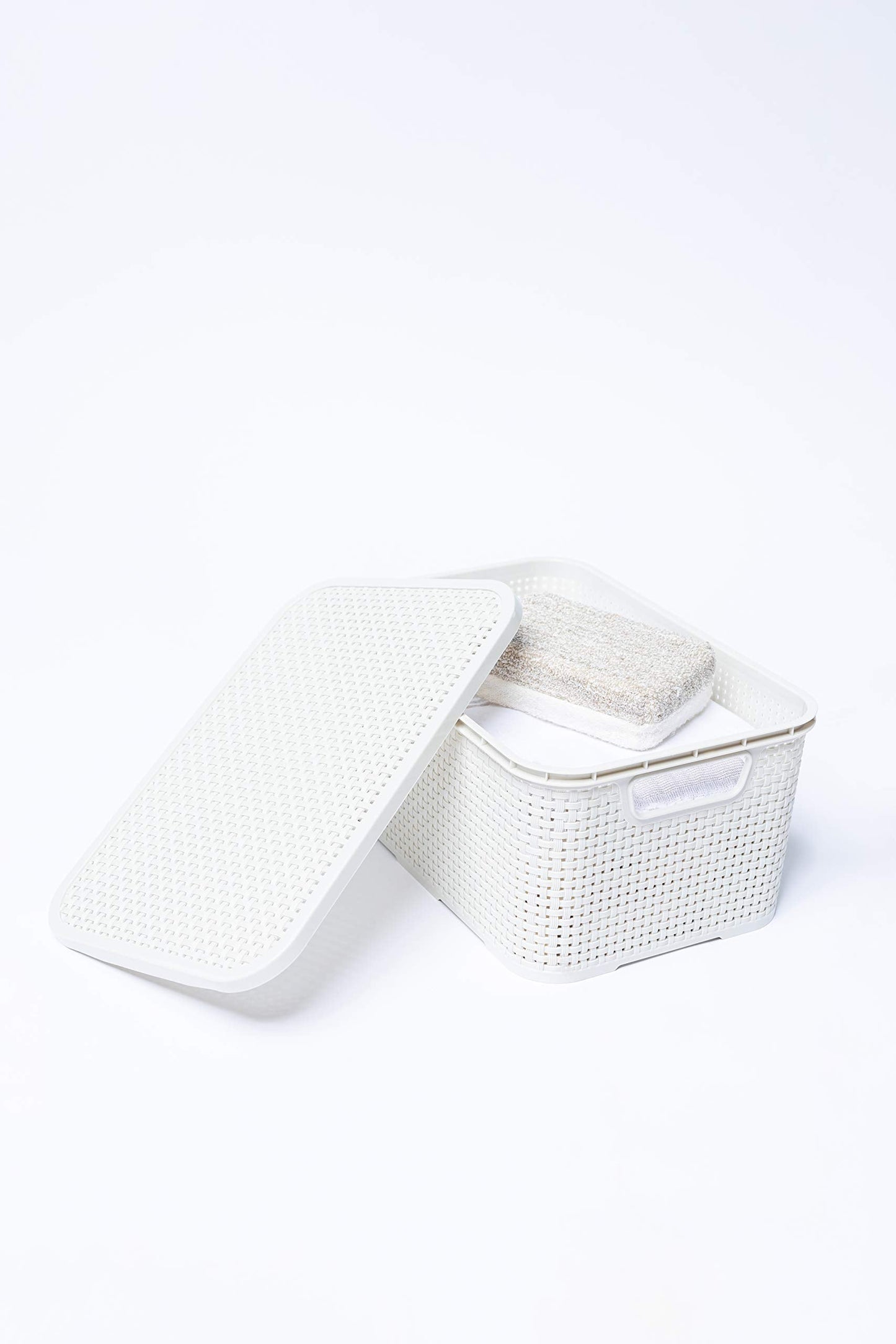 BranQ Home essential Lid Basket in Rattan Design Set of 2 Size M 10 L Plastic Polypropylene Cream 10 L