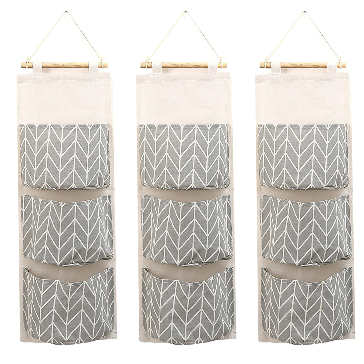 3-Pack Wall Hanging Storage Bags – Over-The-Door Organizers with 3 Large Pockets (6.3" × 5.1"), Hanging Closet & Pantry Organizer for Bedroom