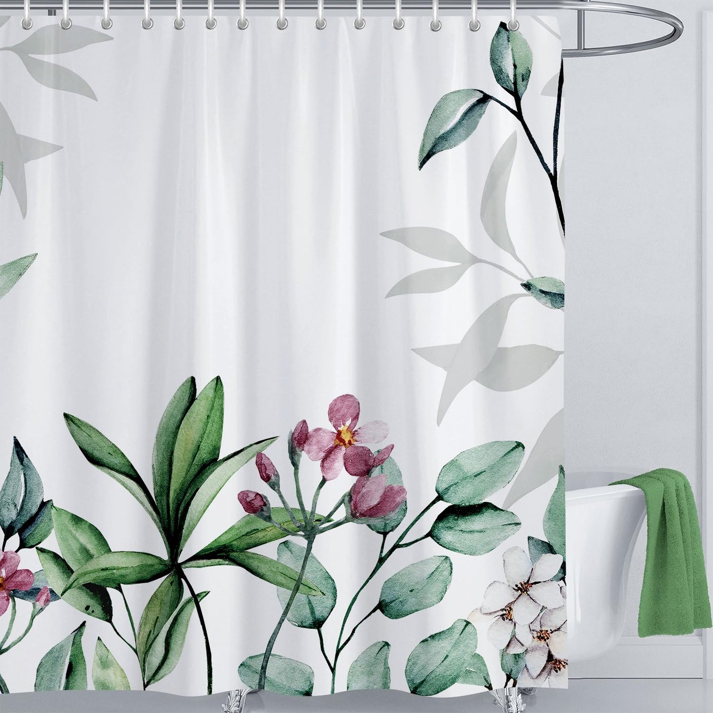 LIVETTY Shower Curtain Green Leaves for Bathroom 180x180cm Fabric Curtain With 12 Hooks Mould Proof Floral Shower Curtains Fabric Bathroom Curtain