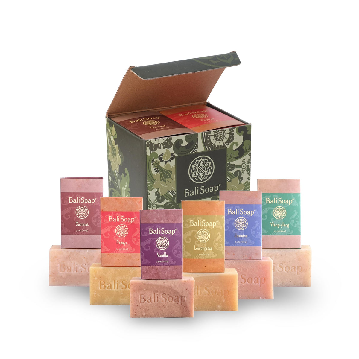 Bali Soap - Green Collection - Natural Soap Bar Gift Set, Face Soap or Body Soap, 6 pc Variety Soap Pack (Coconut, Papaya, Vanilla, Lemongrass,