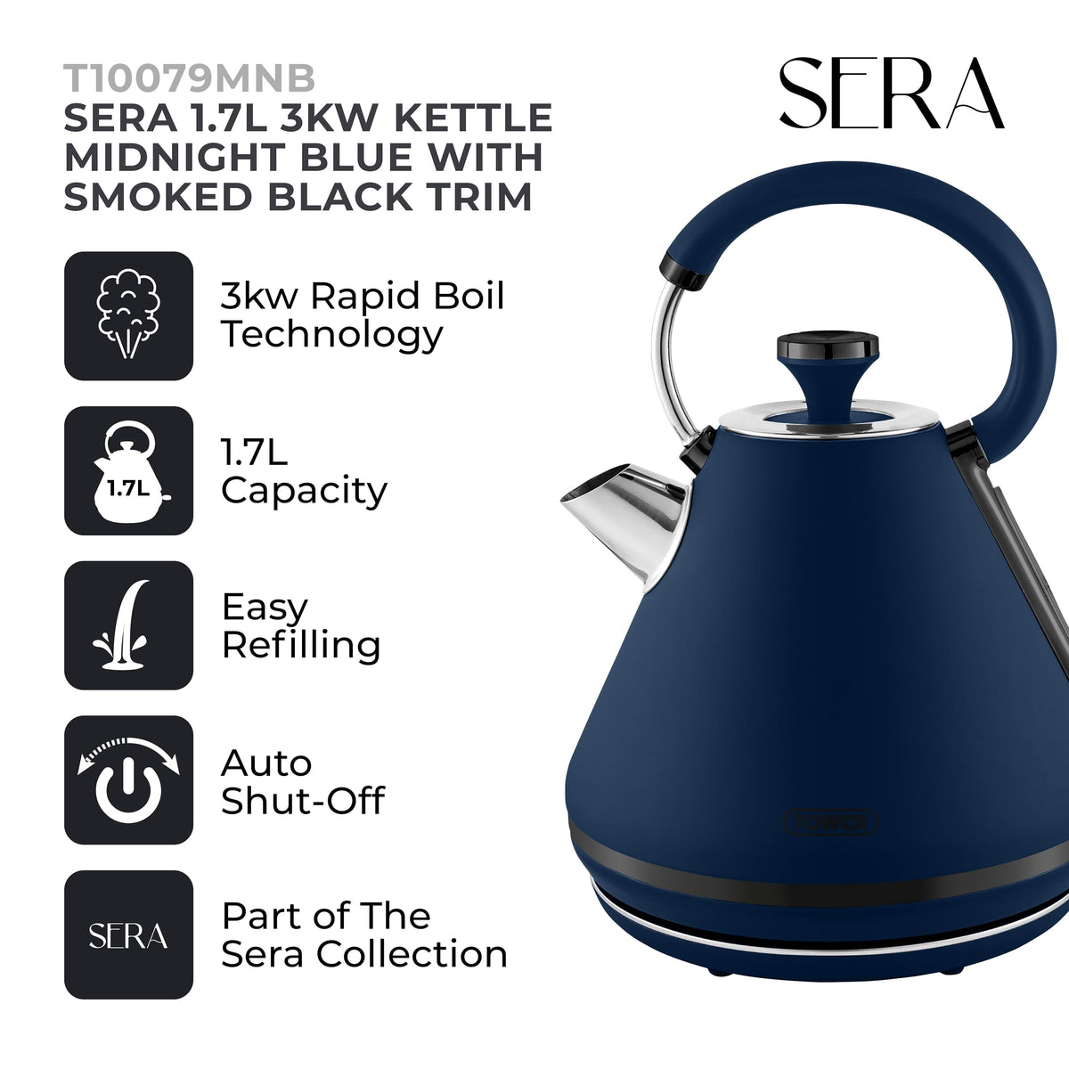 Tower T10079MNB Sera Pyramid Kettle with Smoked Black Trim, 1.7L, 3KW, Midnight Blue