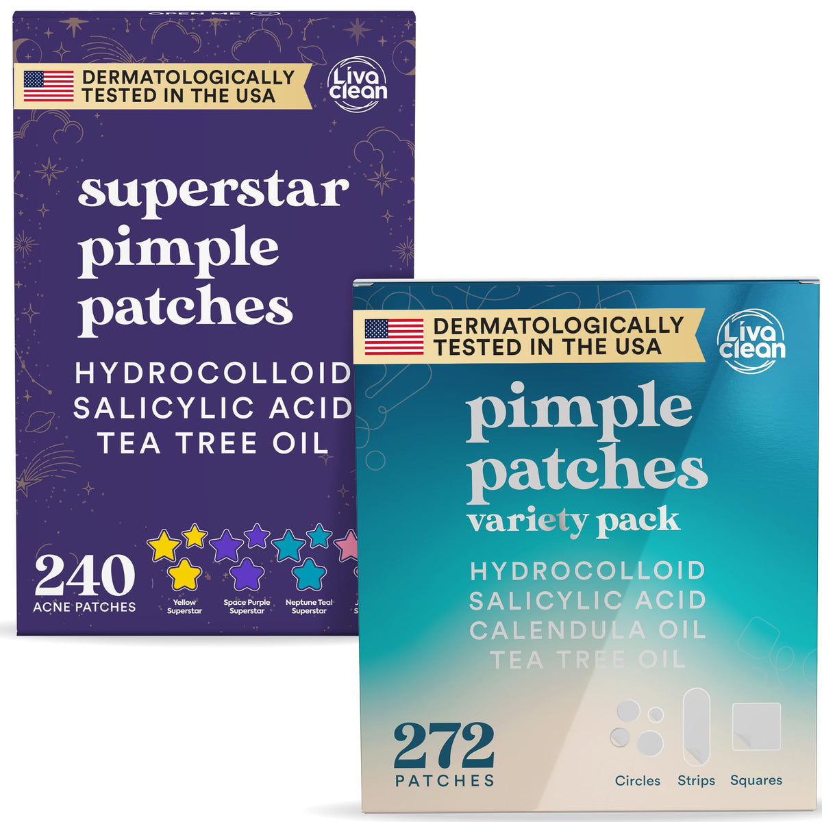 LivaClean 512 CT Pimple Patches & Acne Patch Bundle ? 240 Star Spot Patches + 272 Variety Pack | Hydrocolloid with Tea Tree Oil ? Cute Pimple Patch