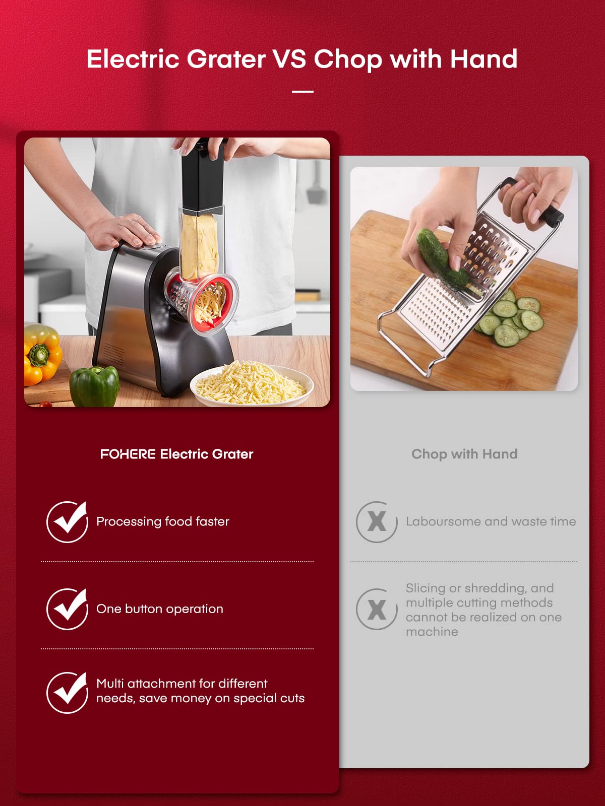 FOHERE 4 in 1 Electric Vegetable Grater 150W Electric Grater for Fruit and Vegetables, Multi Salad Maker with 4 Interchangeable Cones Ideal for