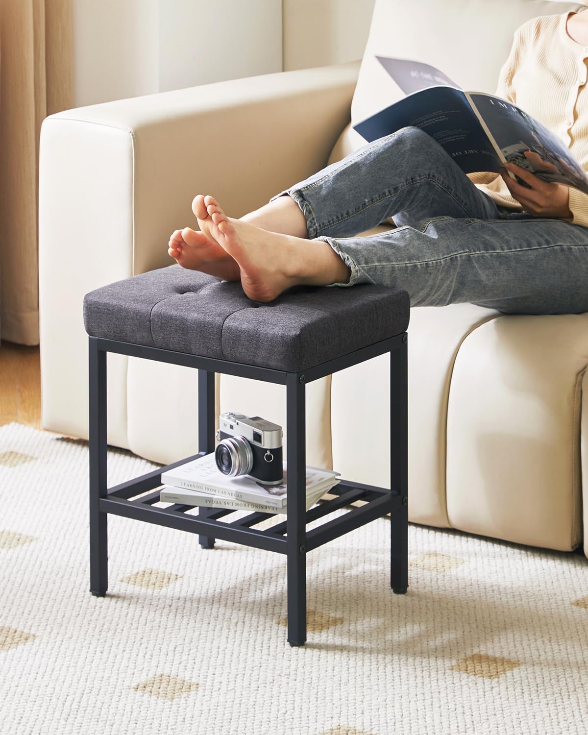 IBUYKE Rectangular Makeup Stool, Linen Seat Vanity Chair, Dark Gray WBD017G