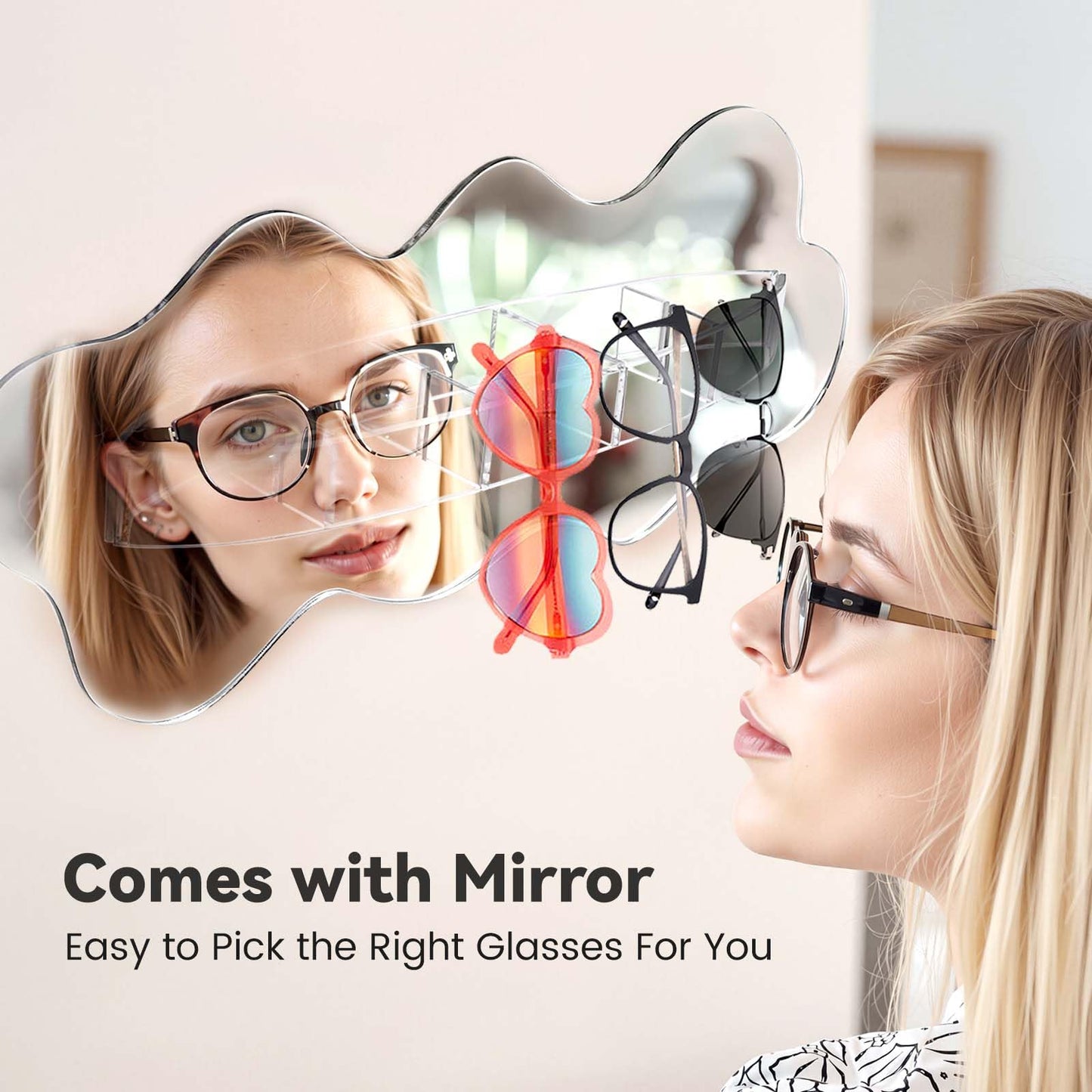 Daily Treasures Sunglasses Organizer with Mirror,Wall Mounted Eyeglasses Storage Organiser,Clear Acrylic Sunglasses Rack,Self-Adhesive Hanging
