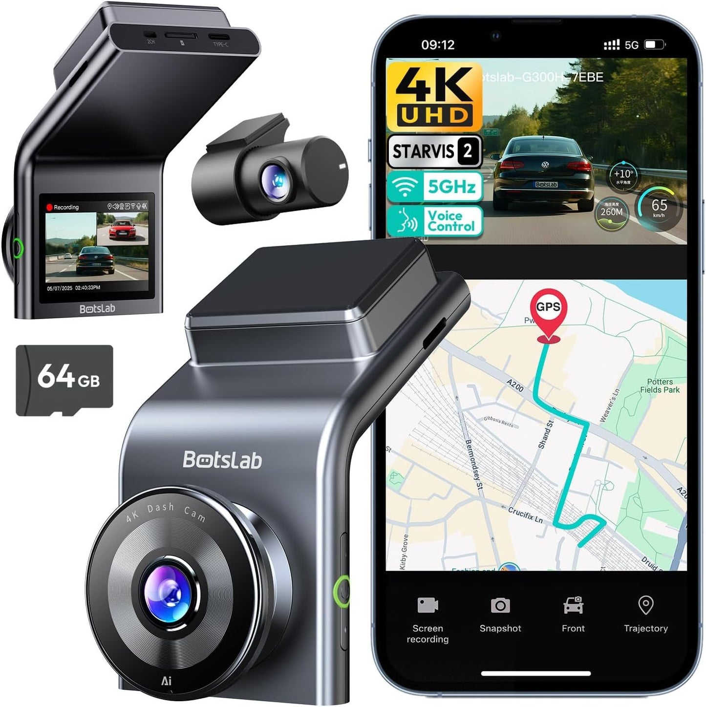 BOTSLAB 4K Dual Dash Cam Front and Rear, STARVIS 2 Sensor, Built in GPS, Voice Control, 24/7 Parking Mode, 5GHz WiFi Dash Camera for Cars, WDR Night