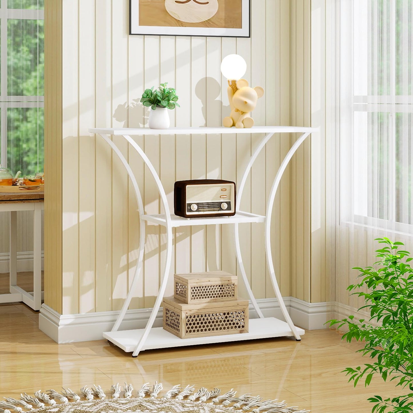 HDANI 3-Tier Metal Console Table with Grid Shelf, Narrow Hallway Table with Sturdy Frame, Narrow Entrance Table & Sofa Table for Hallway, Living Room