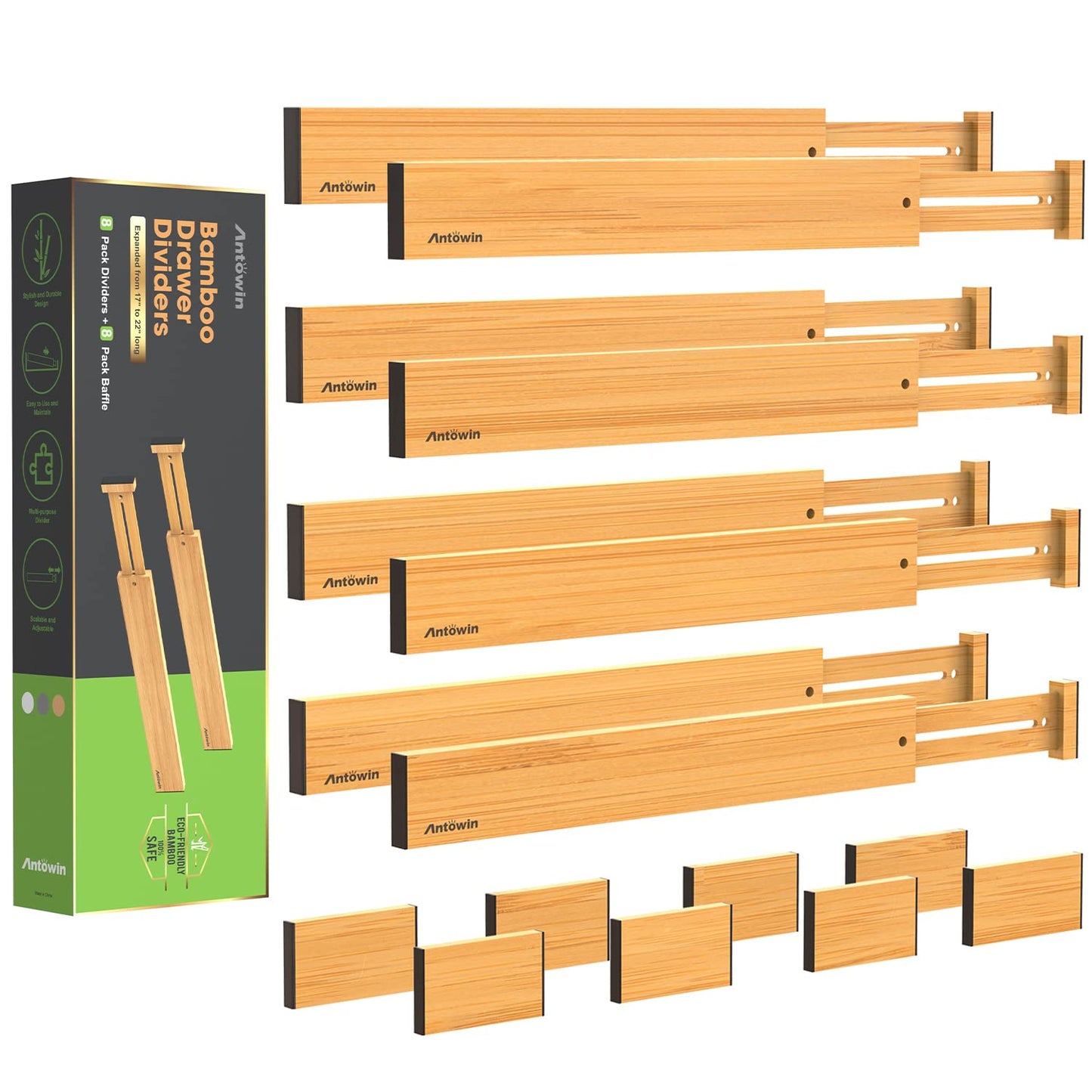 ANTOWIN Bamboo Drawer Dividers Organizers 16pcs, Expandable Drawer Separators Splitter
