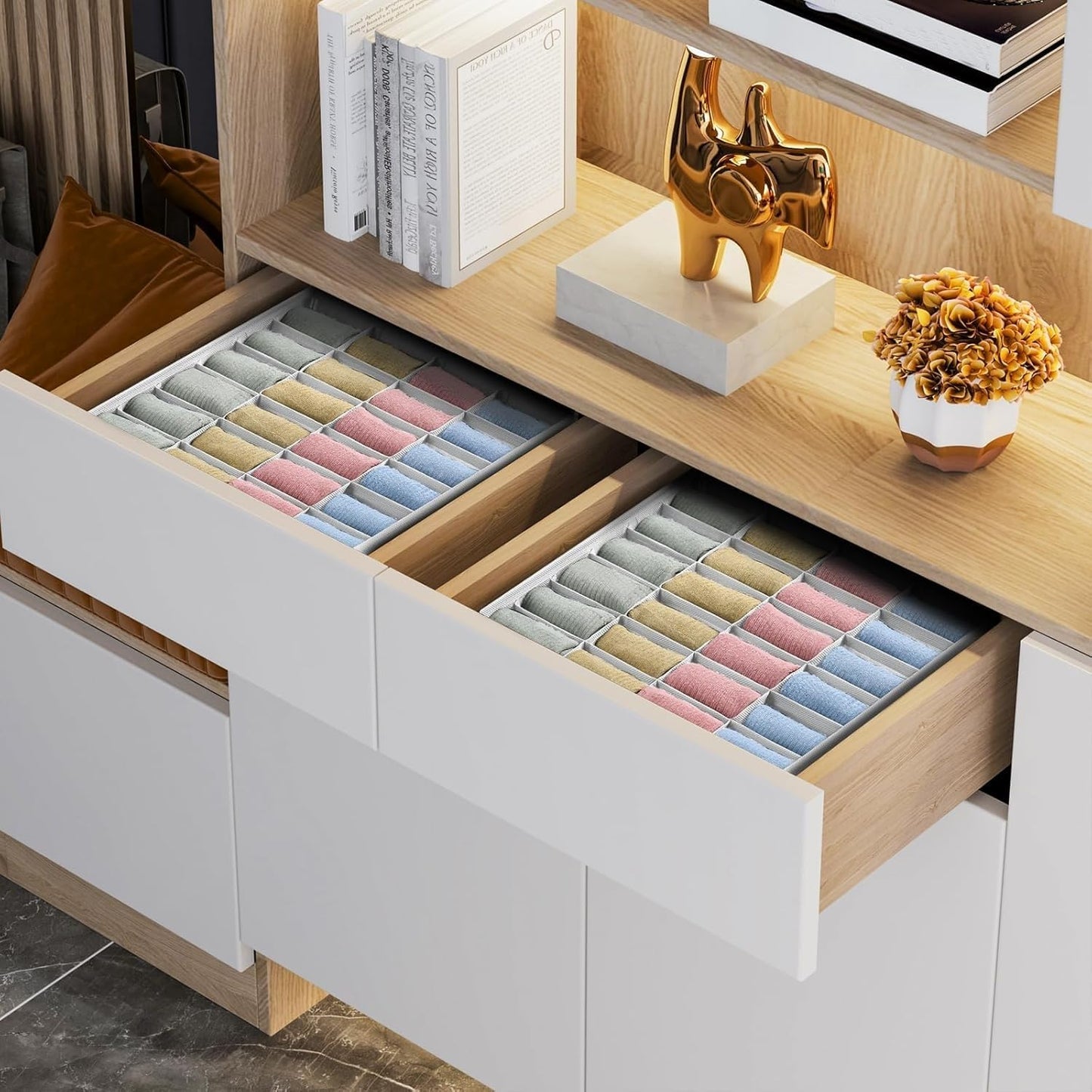 DIMJ Sock Drawer Dividers - 2 Packs Underwear Organiser 48 Cells, White