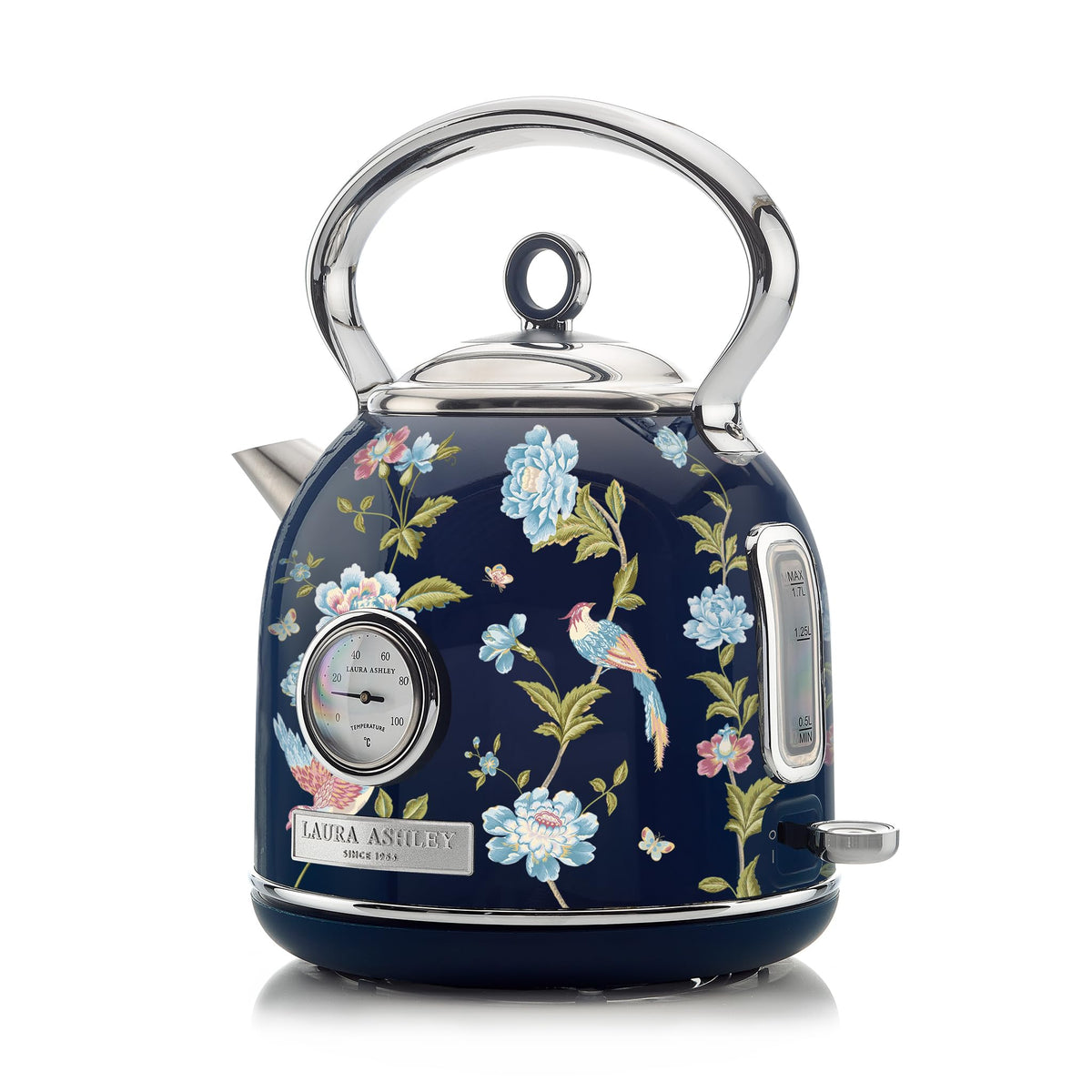 Laura Ashley Elveden Navy 1.7 Litre Stainless Steel Electric Kettle - 3KW Kettles Electric Fast Boil Quiet - Pyramid, Retro Kettle Cordless with 360