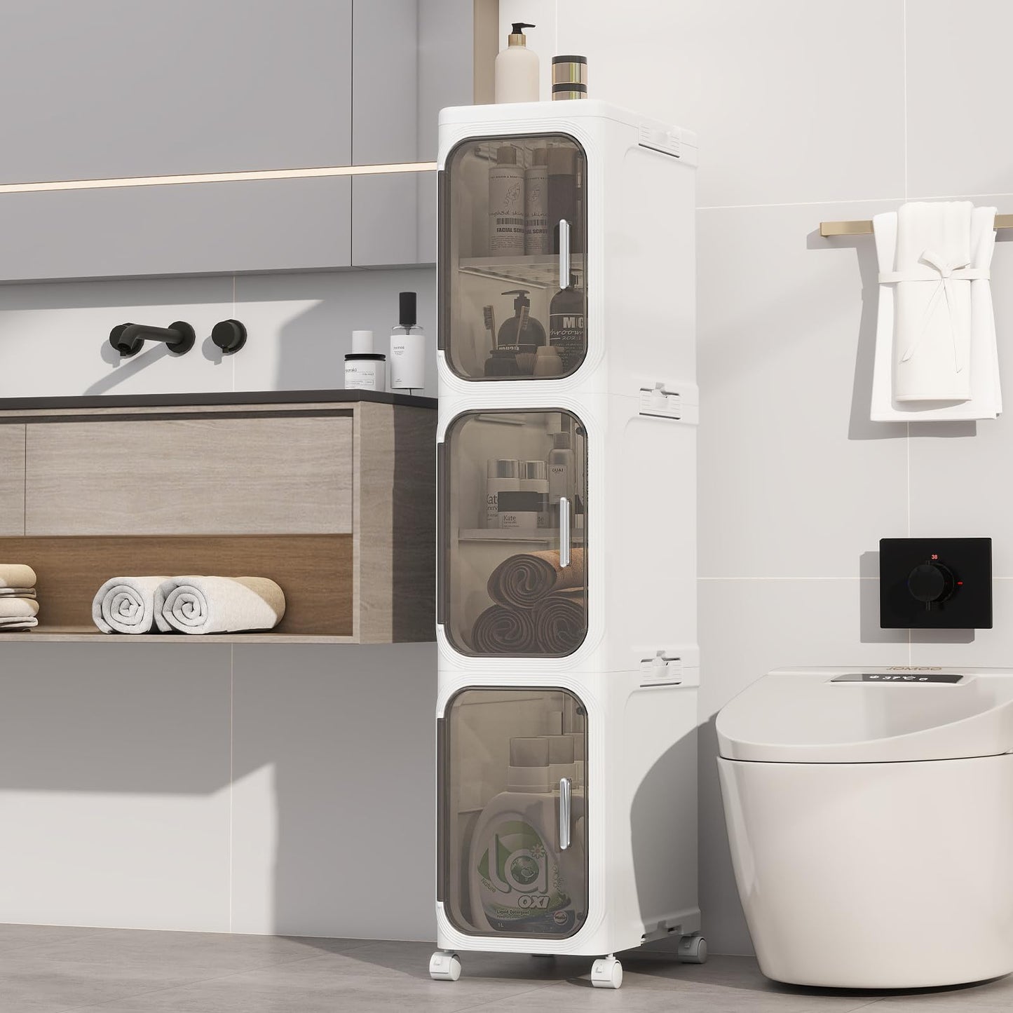 KHNR 3-Tiers Slim Bathroom Storage Cabinet, Foldable Storage Cabinets,Narrow Bathroom Storage,Movable Bathroom Storage Organizer for Small