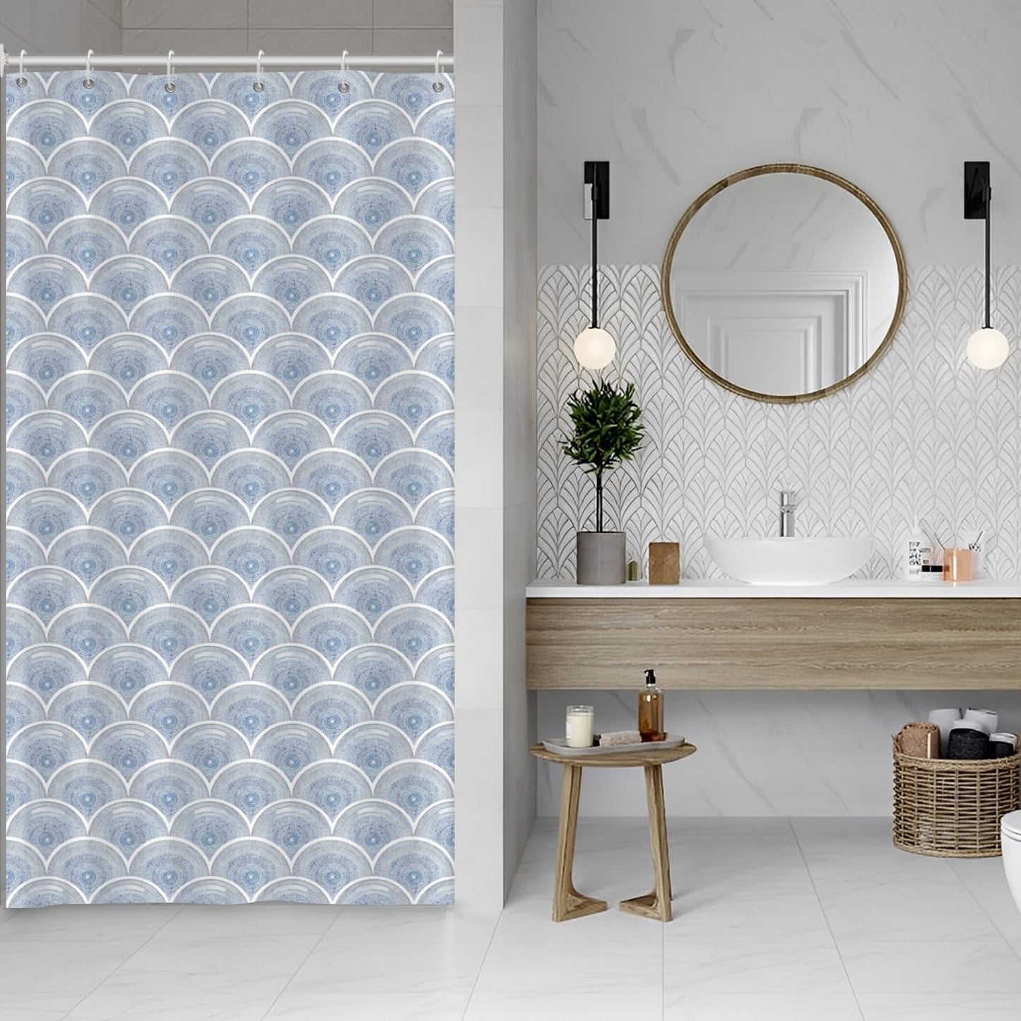ASDCXZ Blue Shower Curtain 120x200 cm, Modern Geometry Rule Boho Blue Flower Pattern White Bath Washable Narrow Shower Curtains Polyester Textile