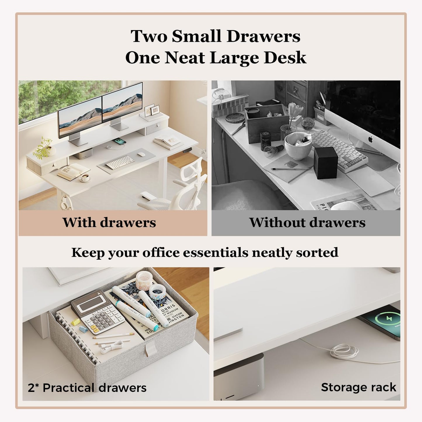Klicelor Electric Height Adjustable Desk, with 2 Fabric Drawers, 100x60cm