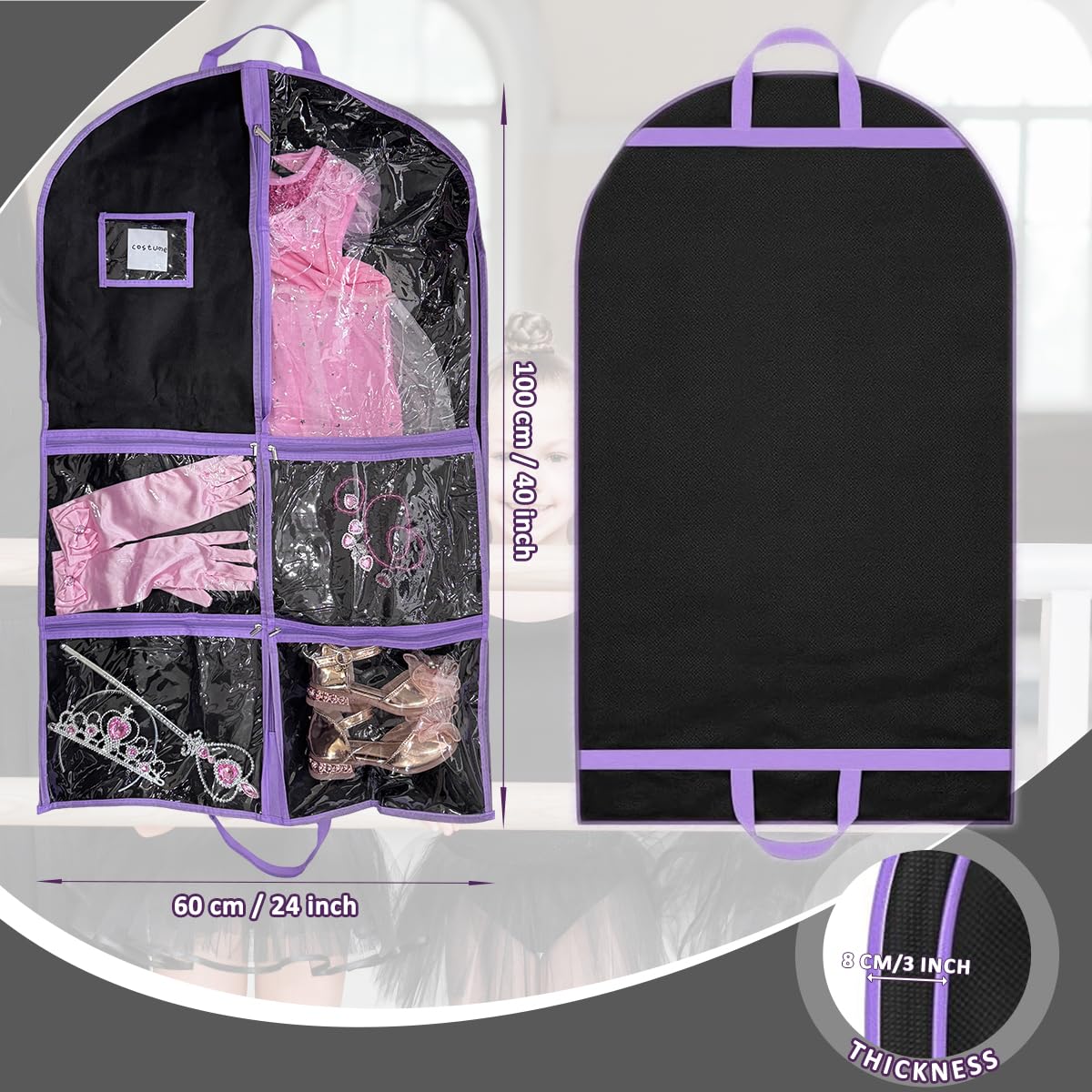 RIDESAIPU 40 Inch Dance Costume Garment Bag for Travel with Handles,Garment Bags with Multiple Zipper Pockets(Black,2 Pack)