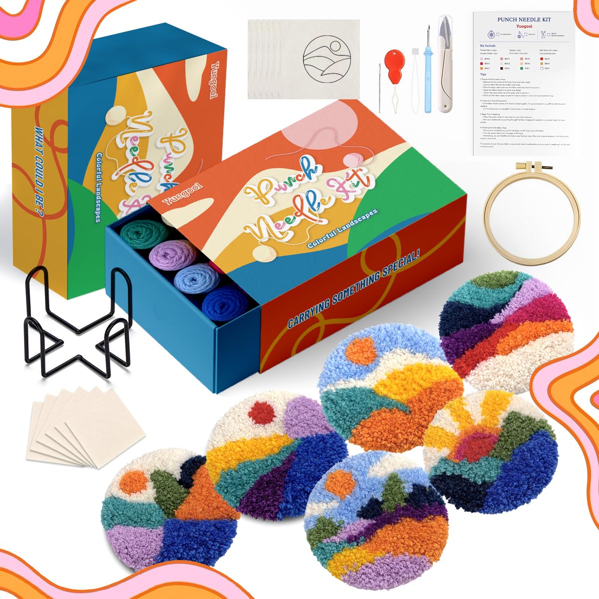 yuegool 6PCS Landscapes Punch Needle Coasters Kit, Easy DIY Embroidery for Beginners, Including Patterns, Tools, Yarns, Hoop, Instructions, and