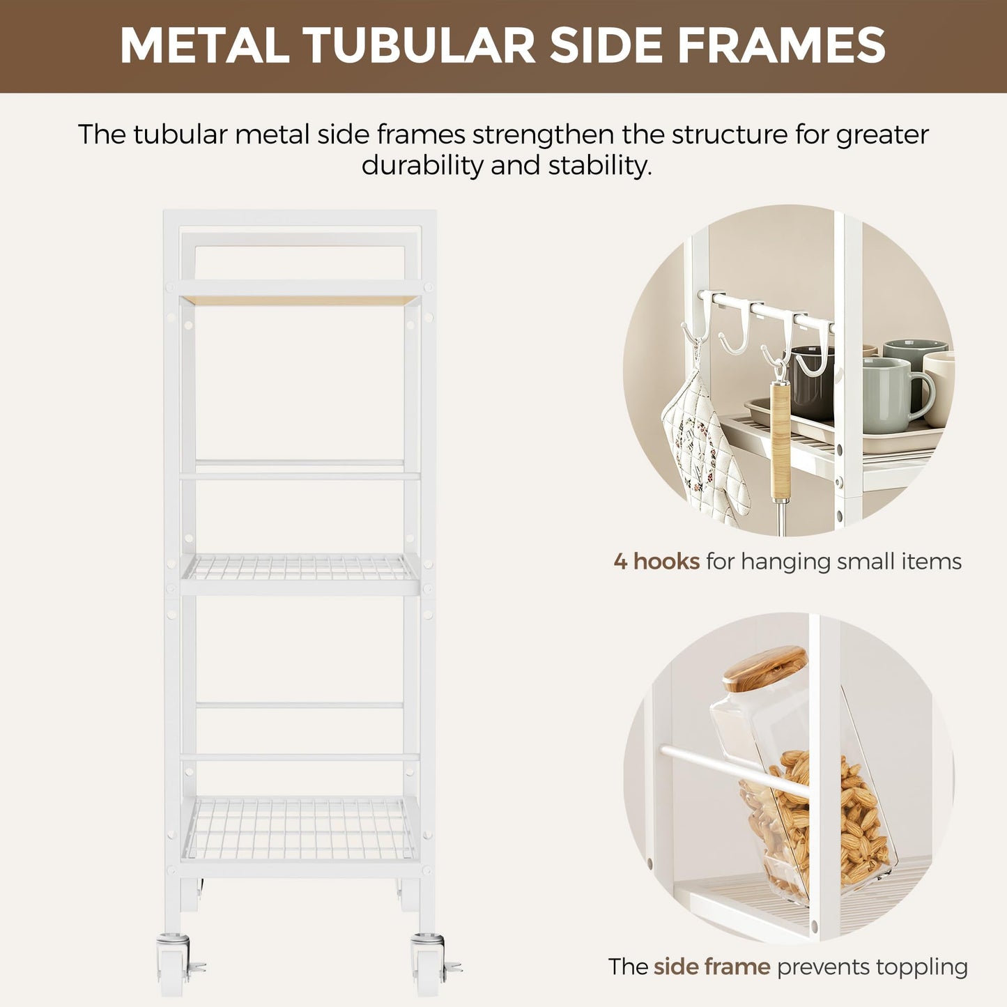3-Tier kitchen trolley,Oak Wood Top,60W×30Dcm,4 Hooks, Adjustable Shelves