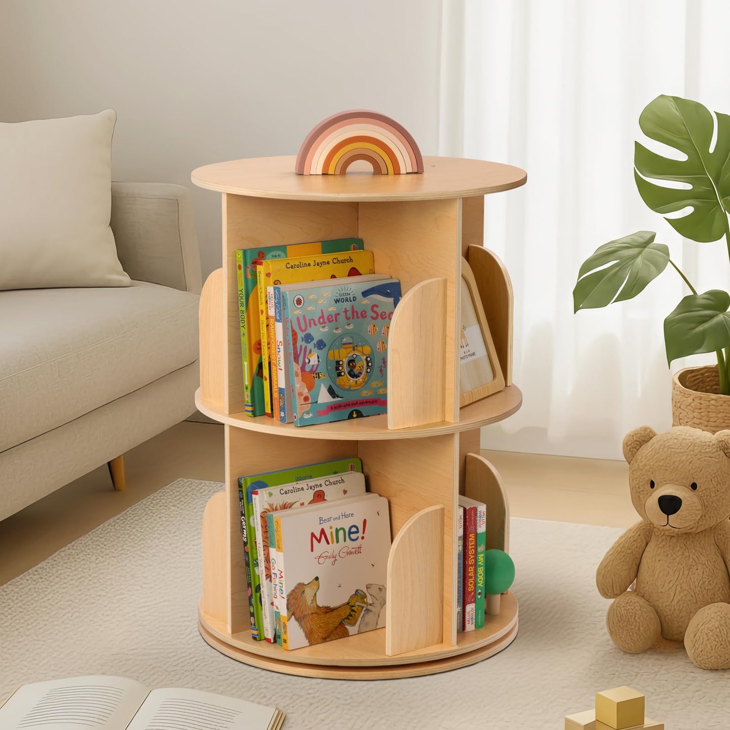 OOOK 2-Tier Rotating Bookshelf, Small Corner Wooden Spinning Book Shelf