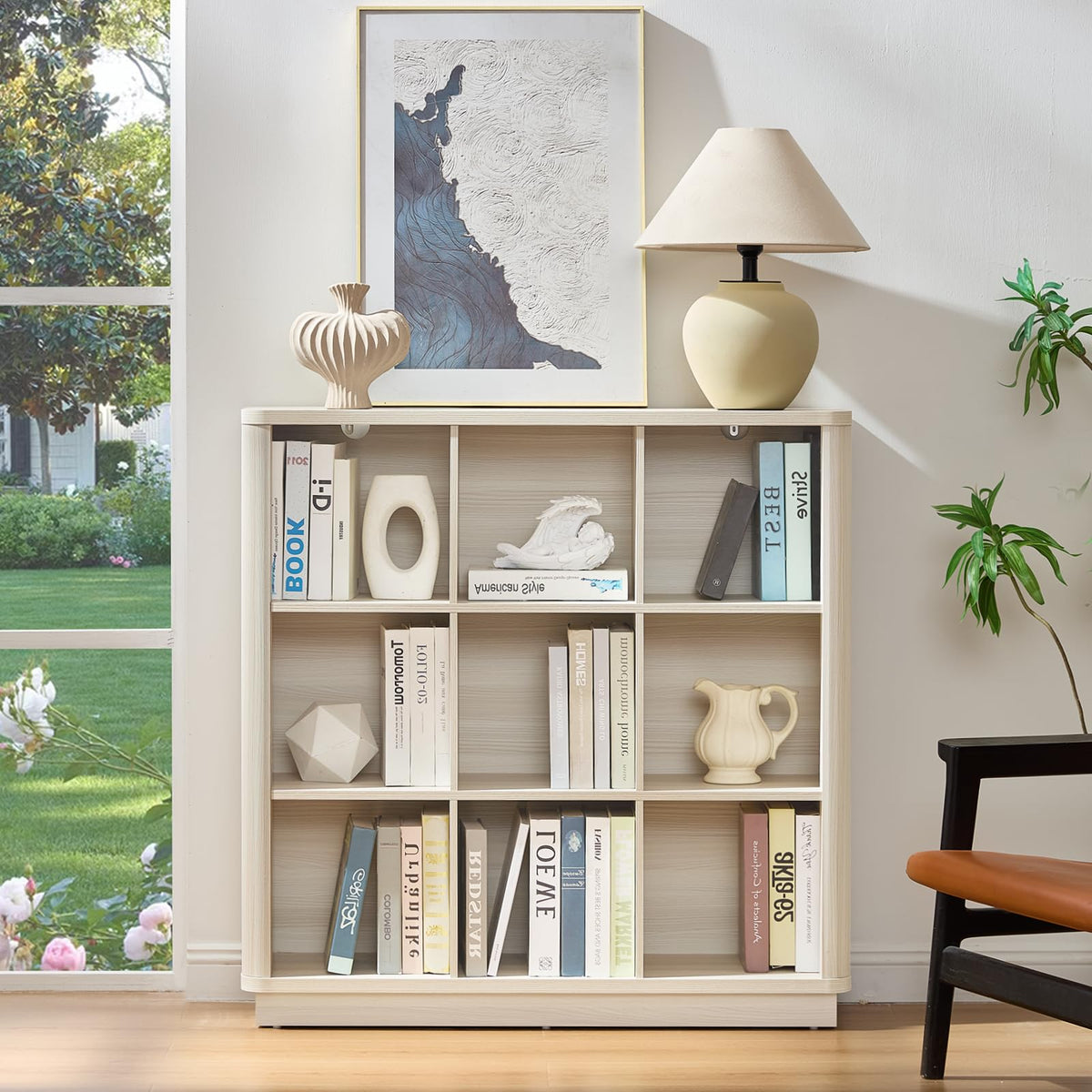 LELELINKY 9 Cube Storage Bookcase, 41" Wide Wooden Book Shelf with Thickened Base, Freestanding 3-Tier Open Book Case Unit with Curved Edge