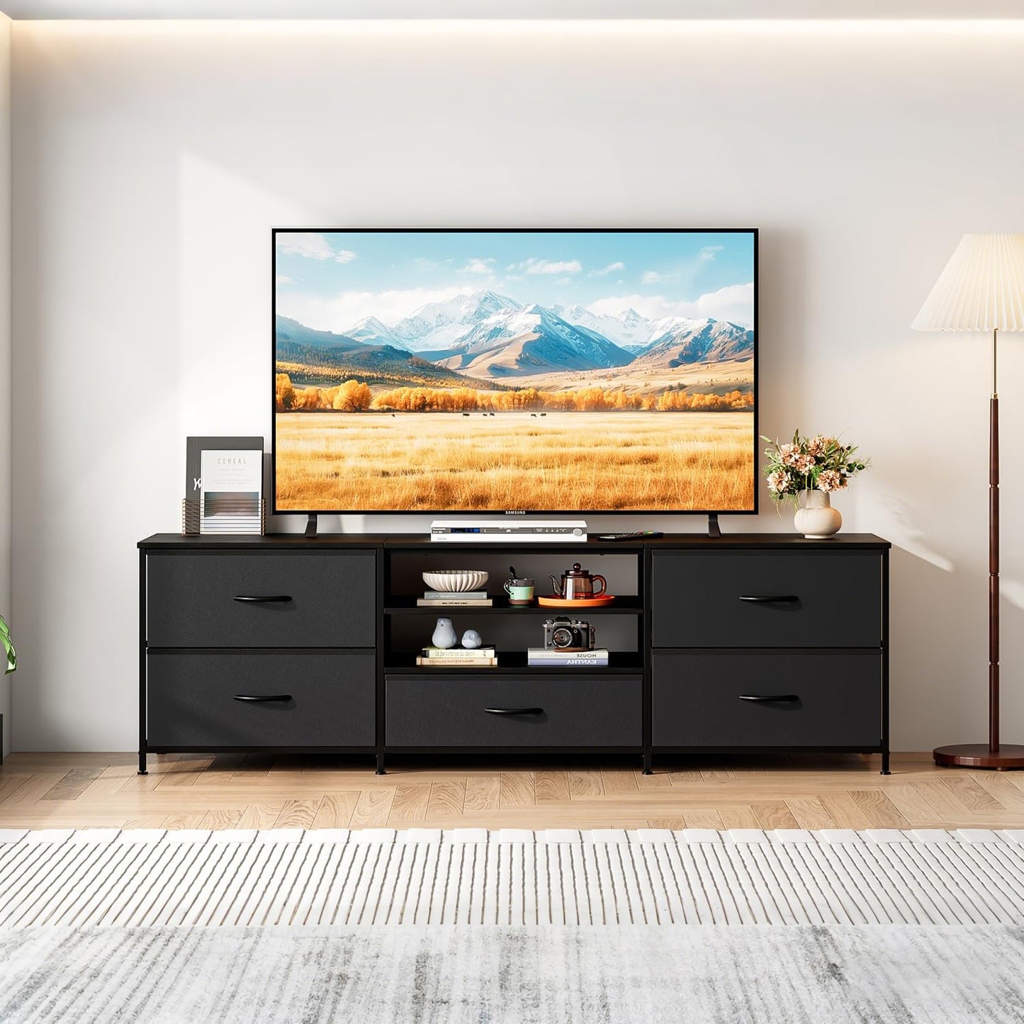 Forthcan TV Stand Cabinet, TV Unit with 5 Drawers, 140 cm, All Black