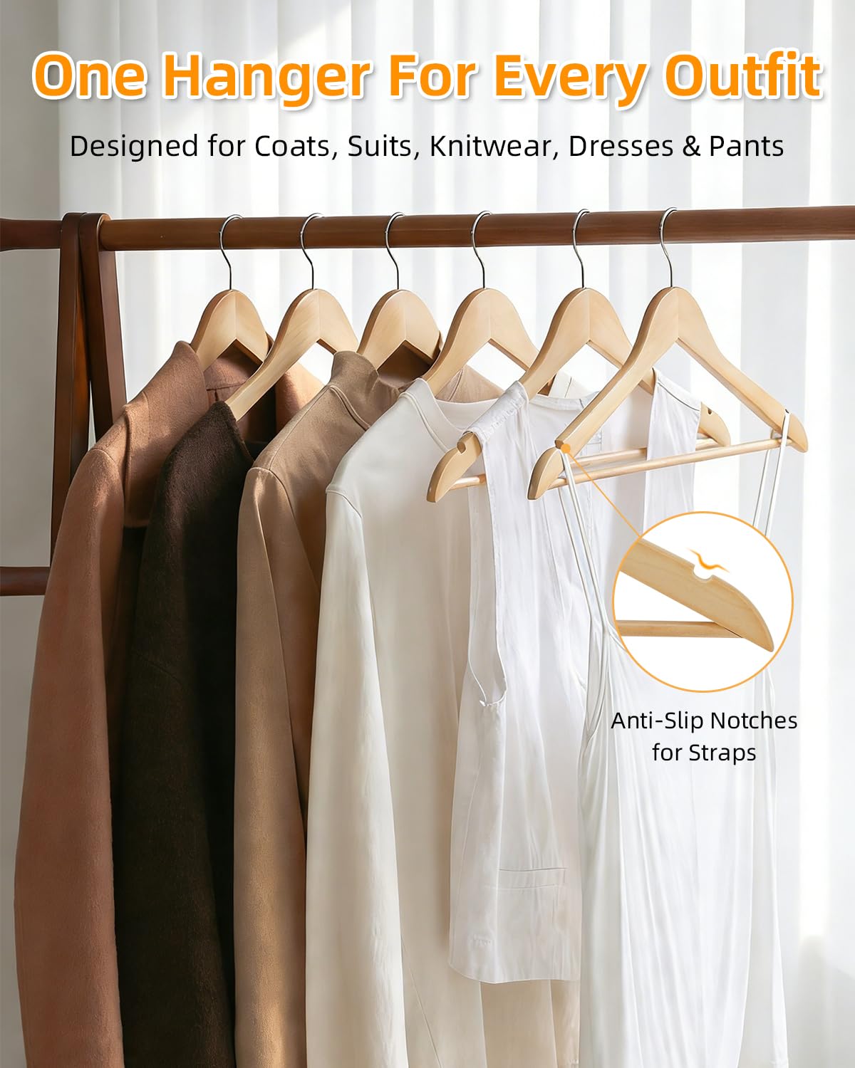 Hangerman Wooden Clothes Hangers - 20 Pack Solid Wood Coat Jacket Hangers with Non-Slip Trouser Bar and Notches, 360° Swivel Hook, Natural
