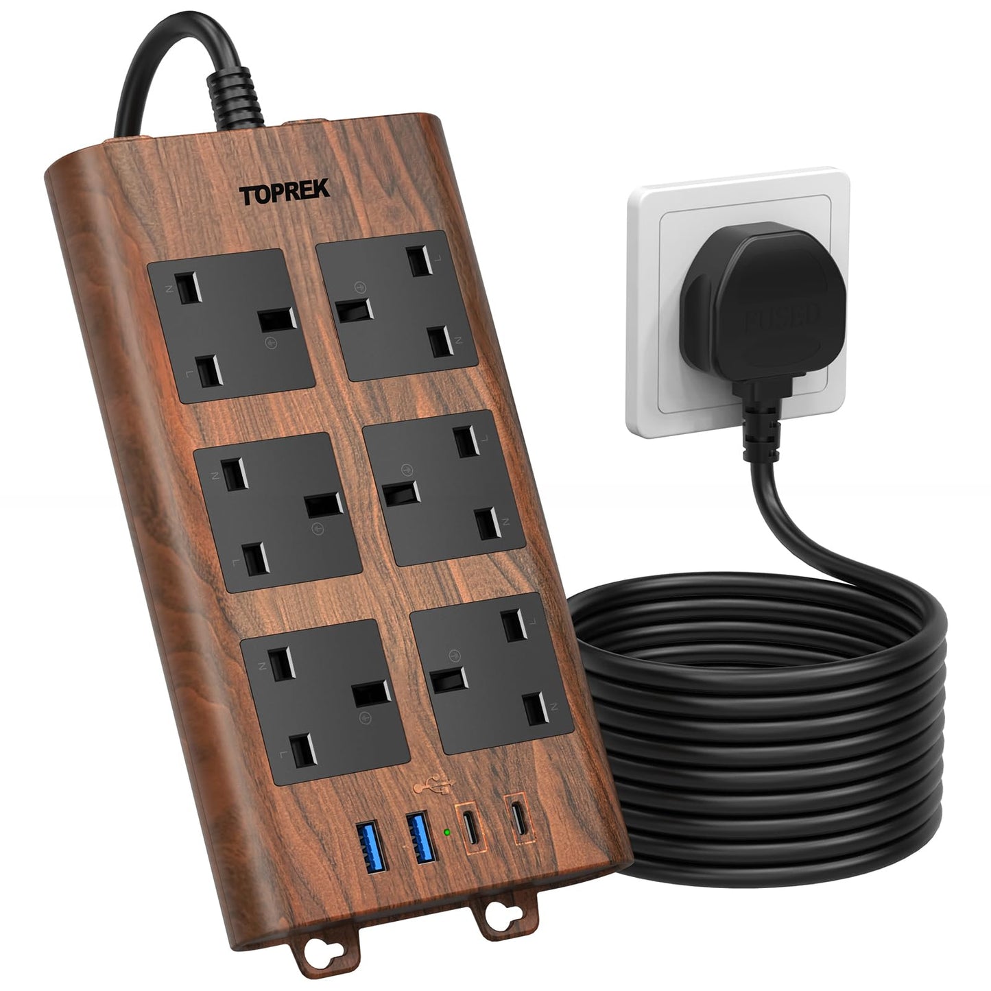 TOPREK Wood Grain 6 Way Extension Lead with USB Slots, Surge Protection, 2USB-A & 2USB-C & 1 Switch, 13A/3250W, Brown Extension Cable 2M for Home