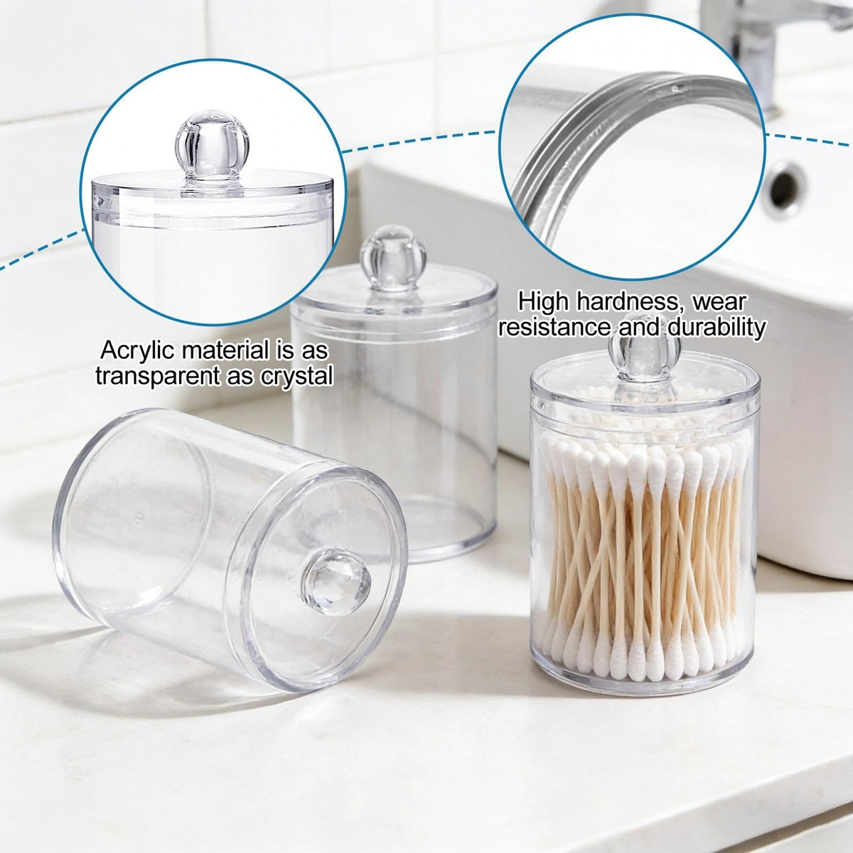 YANKOIUK 3 Pack Cotton Bud Holder, Clear Plastic Storage Jars with Lids