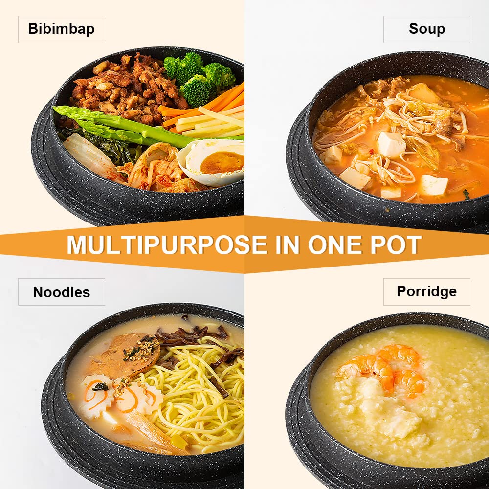 Bobikuke Cast Aluminum Pot with Lid, 24 cm Non-Stick Casserole Dish Korean Stone Bowl Induction Compatible, Black