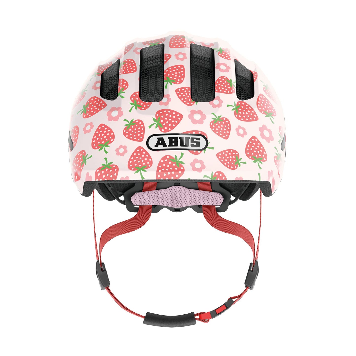 ABUS children's helmet Smiley 3.0 LED - bike helmet with light - deep fit and space for a pigtail - for girls and boys - pink with strawberry pattern,