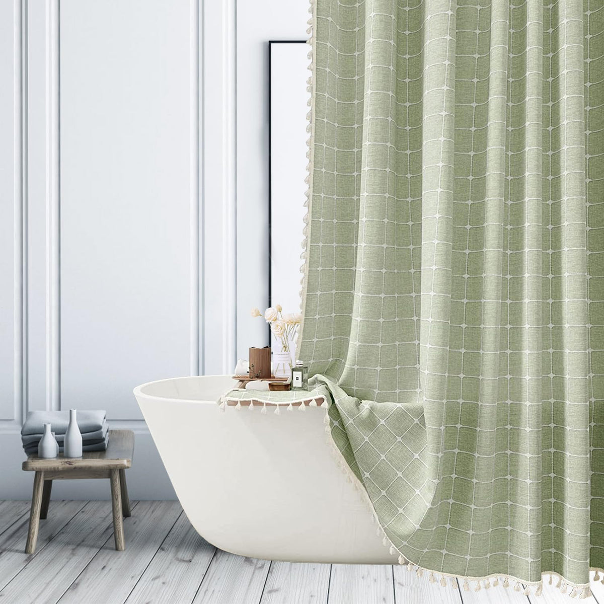 ggaimwf Sage Green Shower Curtain Farmhouse Checkered Bohemian Shower Curtains for Bathroom Rustic Shabby Chic Heavy Duty Bathroom Cloth Curtain Set