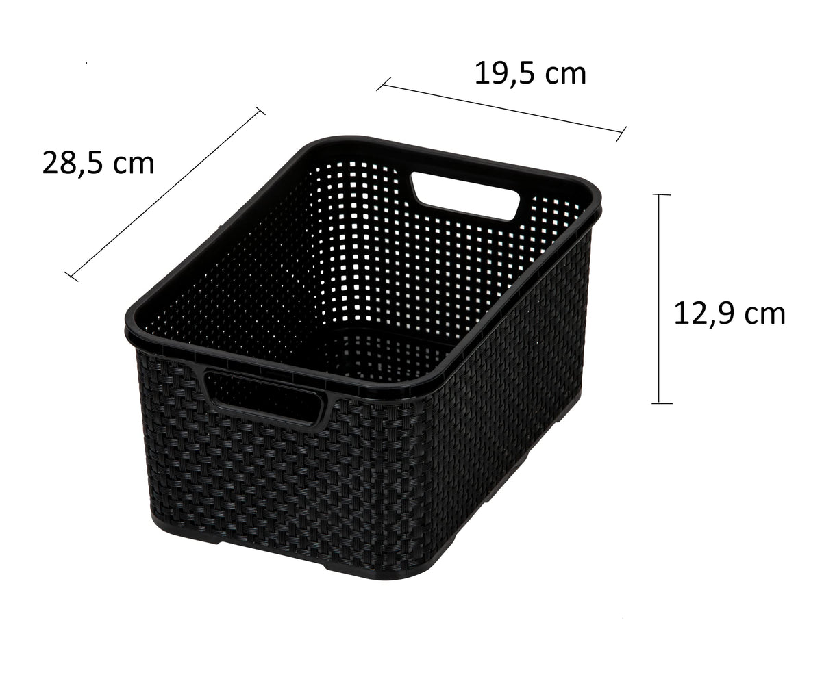 BranQ - Home essential Basket in Rattan Design Set of 3 Size S 7L BPA-Free Plastic PP Black 28.5 x 19.5 x 12.9 cm Small