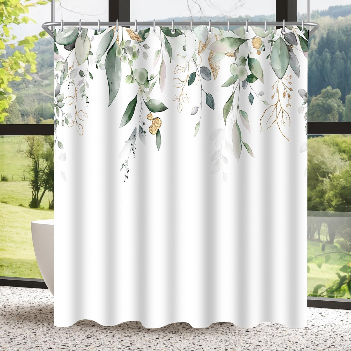 Lerores Shower Curtain, 120 x 200 cm, Golden Leaves, Weighted Hem, Anti-Mould Textile, Water-Repellent, Washable Polyester Bath Curtains with 8