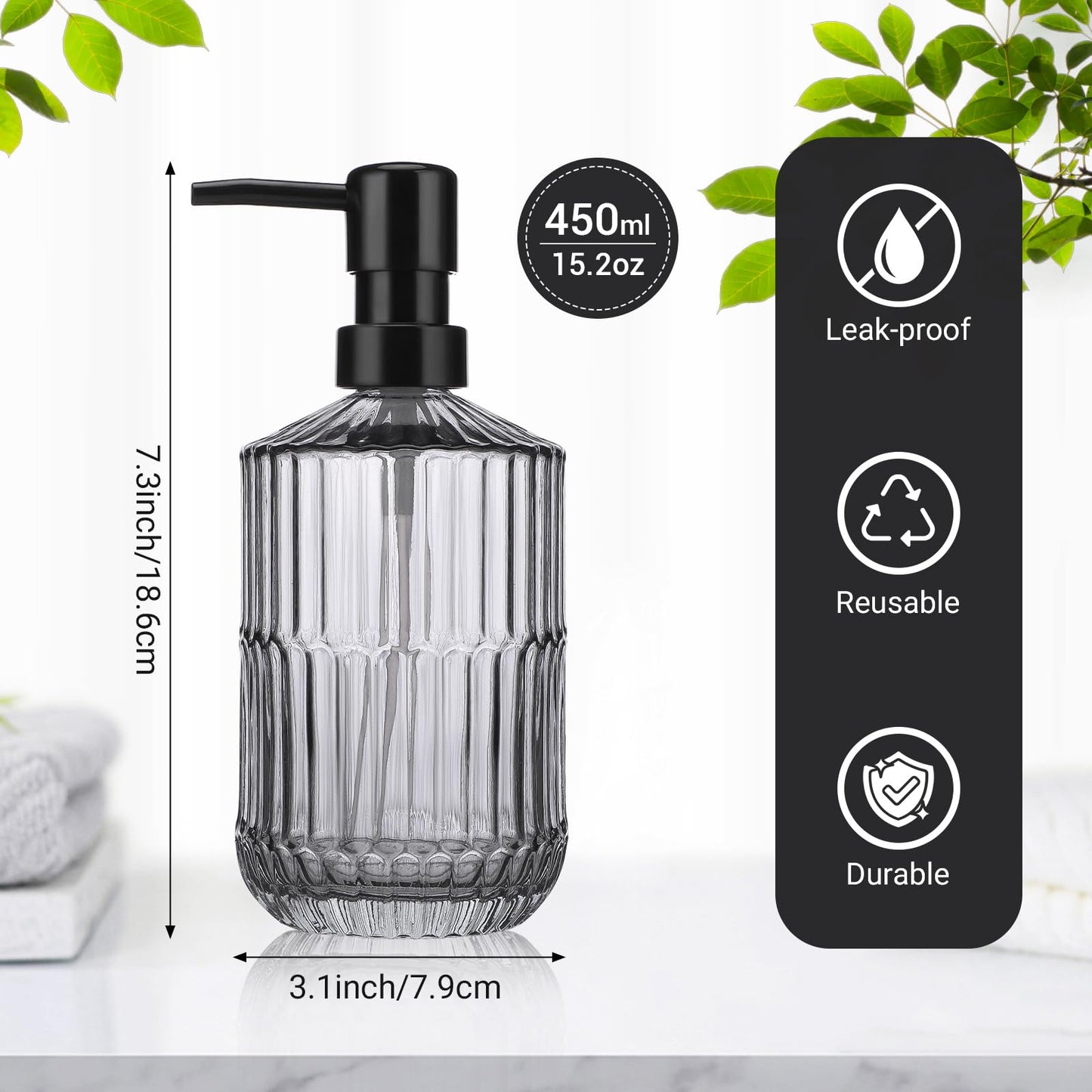 Segus Soap Dispenser Kitchen, 2 Pieces 450ml Glass Soap Dispenser Bottle with Pump, Refillable and Reusable, Empty Shampoo Bottles, Grey