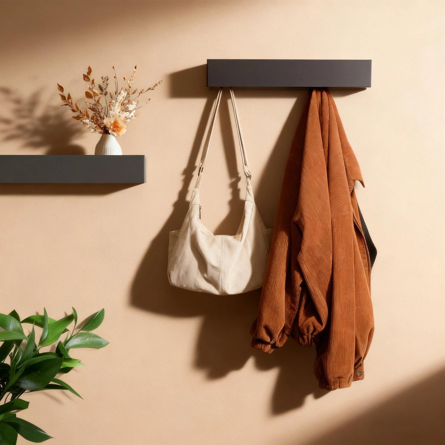 WJUAN Wall Mounted Coat Rack with Shelf & Concealed Hooks | 5 Modern Coat Hooks for Hallway, Bedroom | Space Saving Wood & Metal Wall Storage
