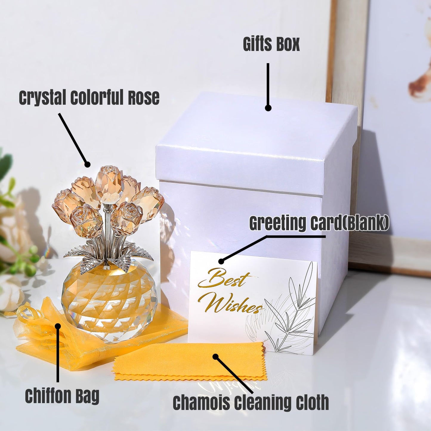 Ornalrist Crystal Gold Roses Flower Figurine with Vase, Glass Roses Bouquet Floral Collectible Gifts for Women Mum on Valentine's Day Golden Wedding