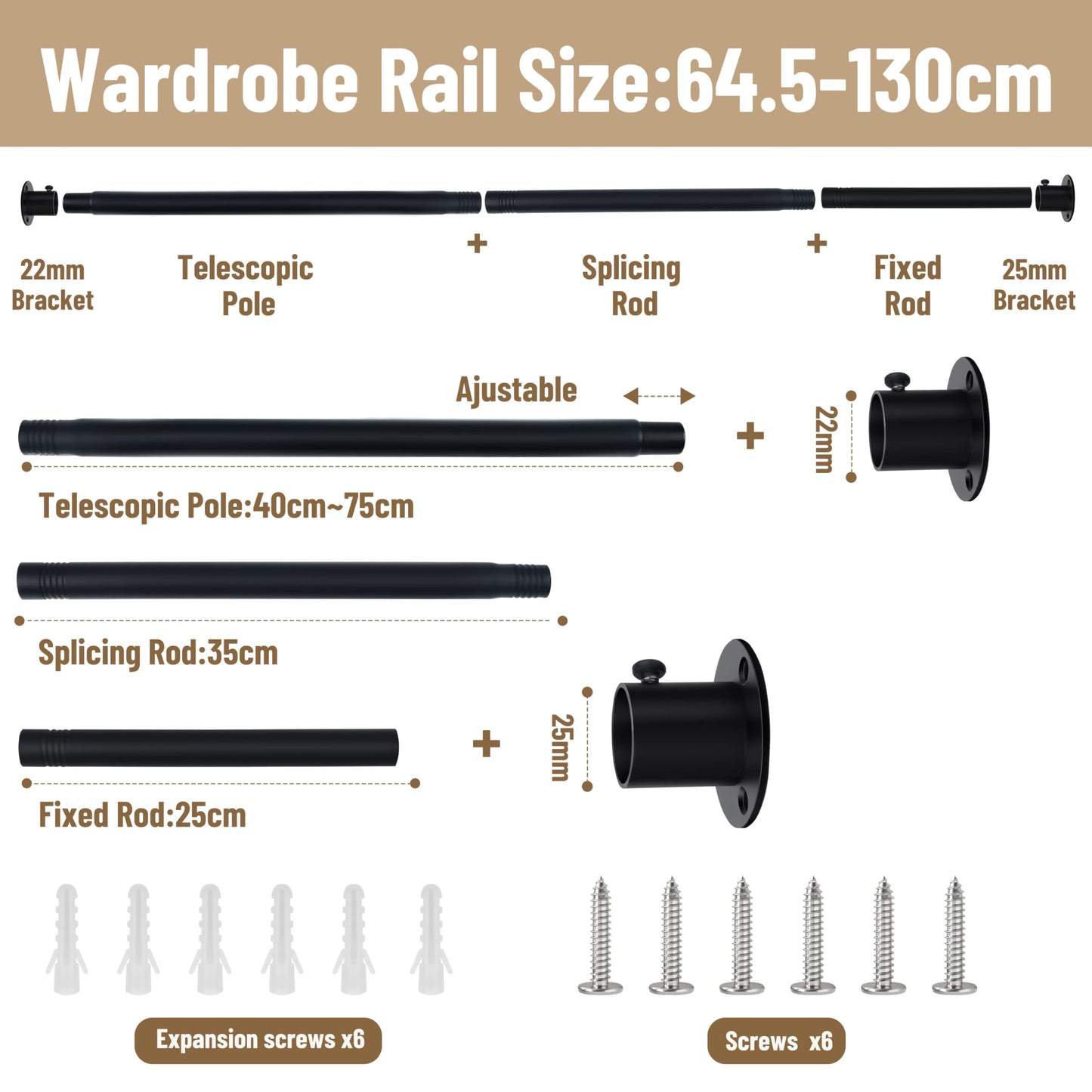 KINGSOW Extendable Wradrobe Rail 64.5-130cm: Black Clothes Hanging Rail