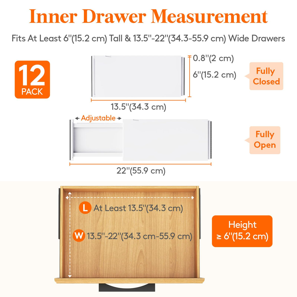 Lifewit 12 Pack Drawer Dividers Plastic 6" High, 13.5-22" Adjustable Drawer Organisers for Clothes, Expandable Dresser Separators in