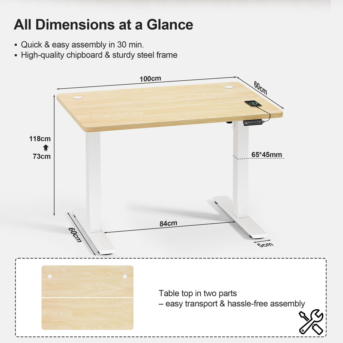 JUMMICO Electric Standing Desk 100x60cm – Height Adjustable with USB Charging, Sedentary Reminder, Memory Heights for Home Office Use, Beige
