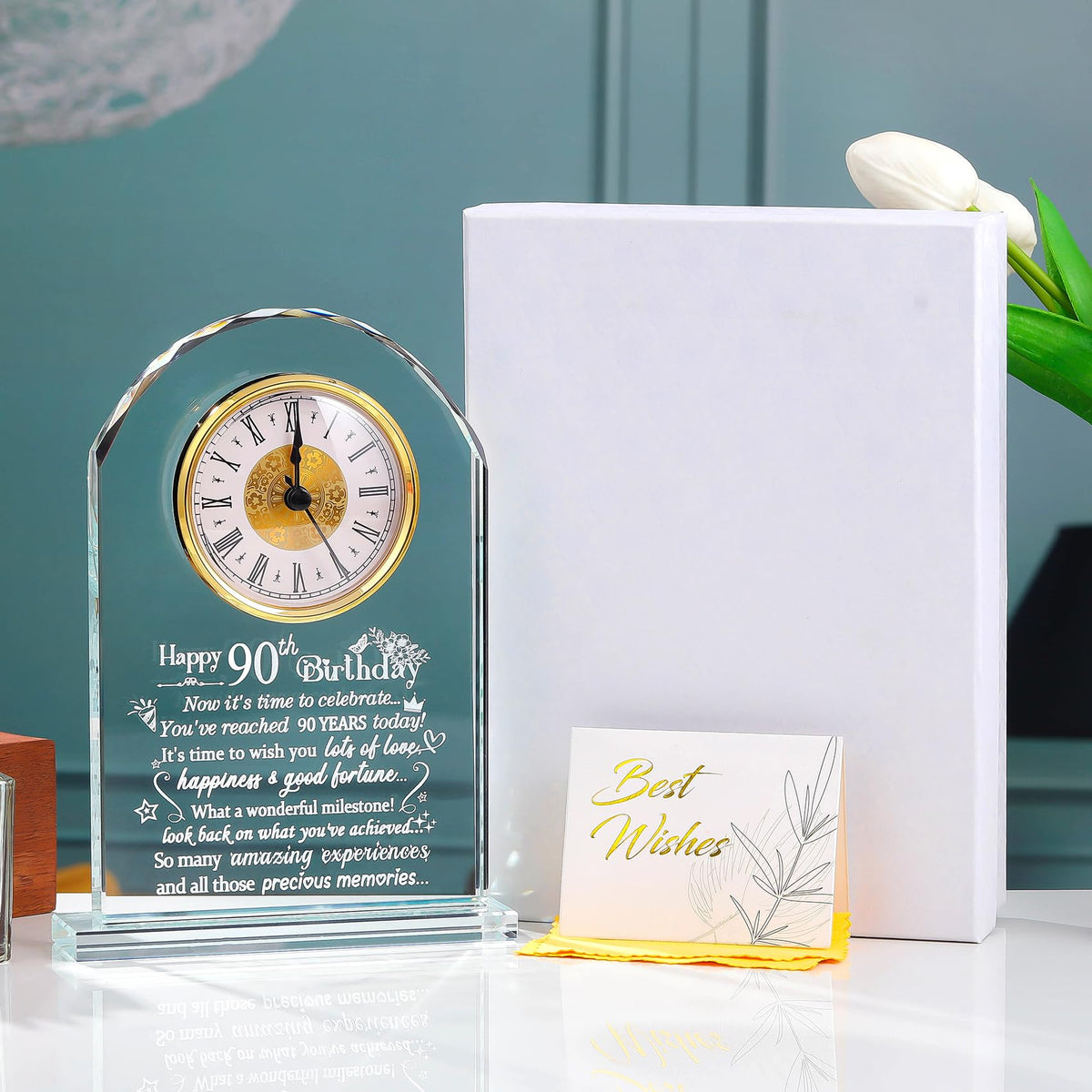 Ornalrist Happy 90th Birthday Quartz Clock Gifts for Women Men, 90th Birthday Presents for Grandparents Glass Keepsake Birthday Blessing for Turning